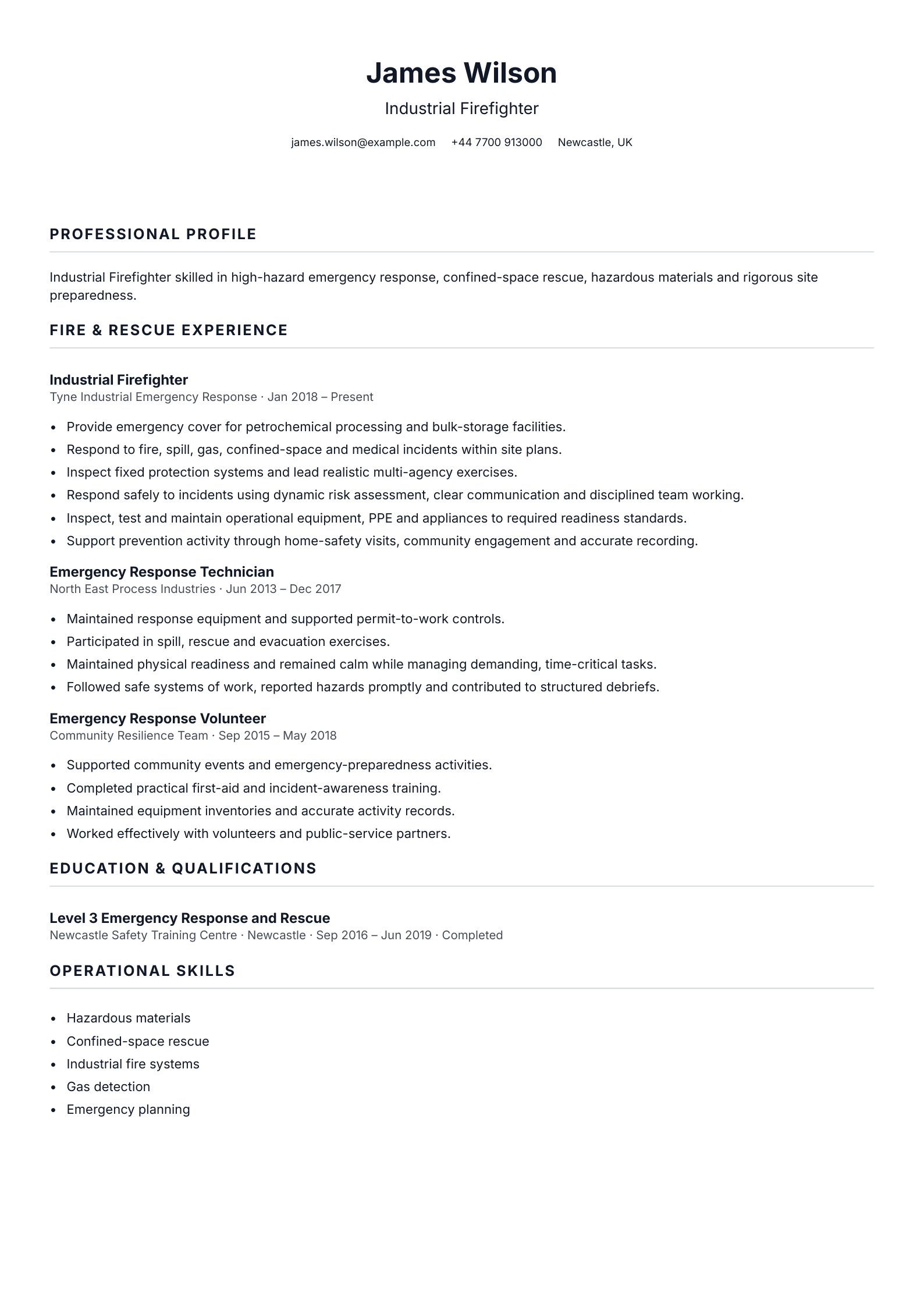 Industrial Firefighter CV template