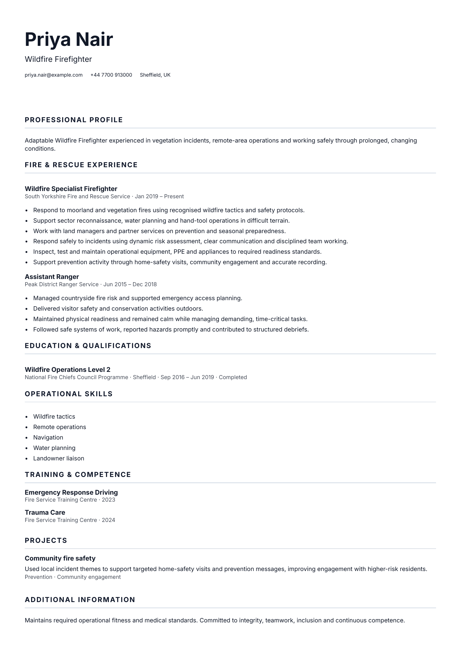 Wildfire Firefighter CV template