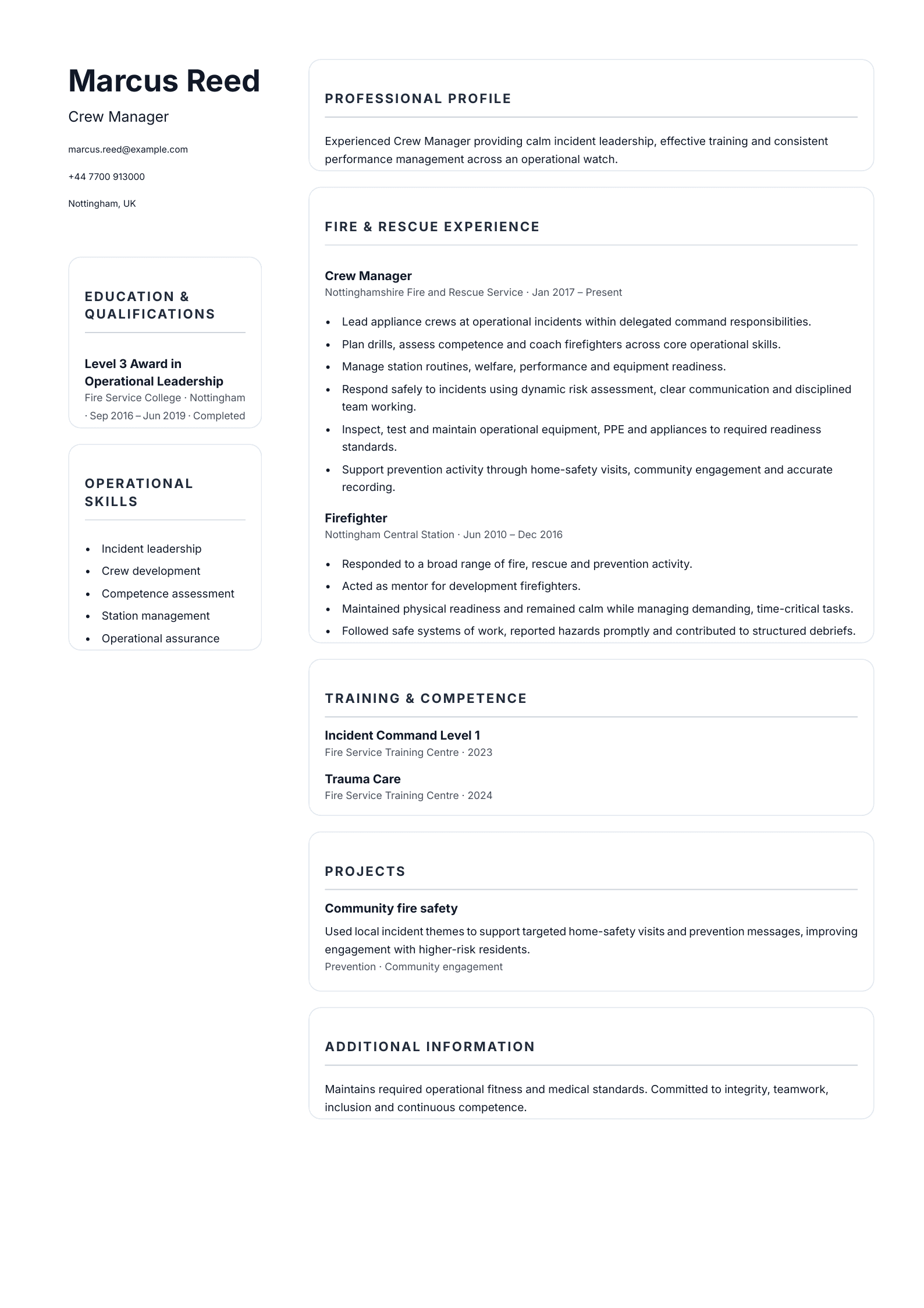 Crew Manager CV template