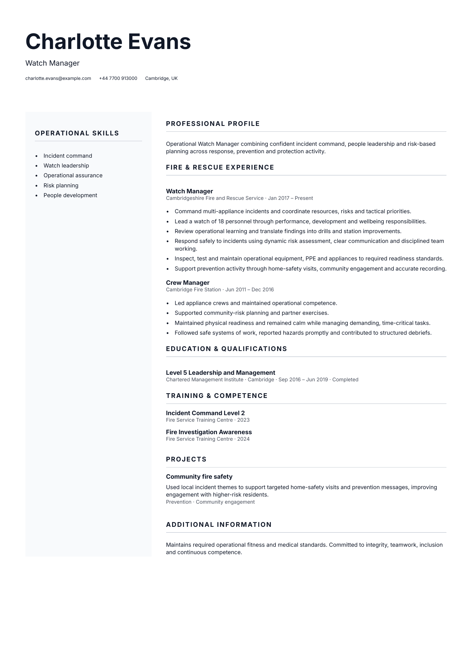 Watch Manager CV template