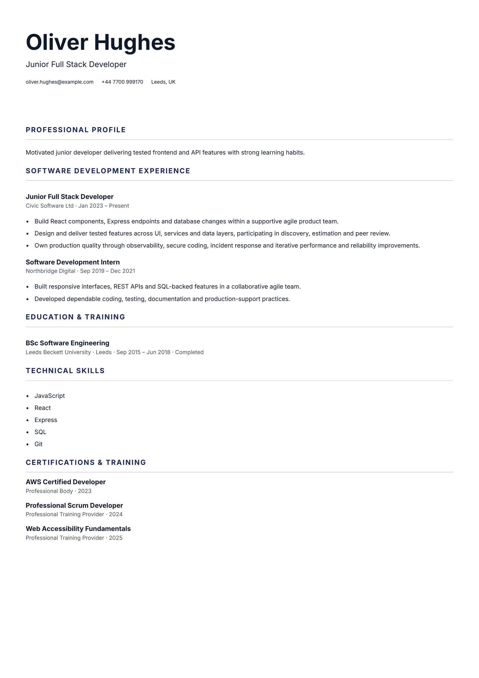 Junior Full Stack Developer CV template