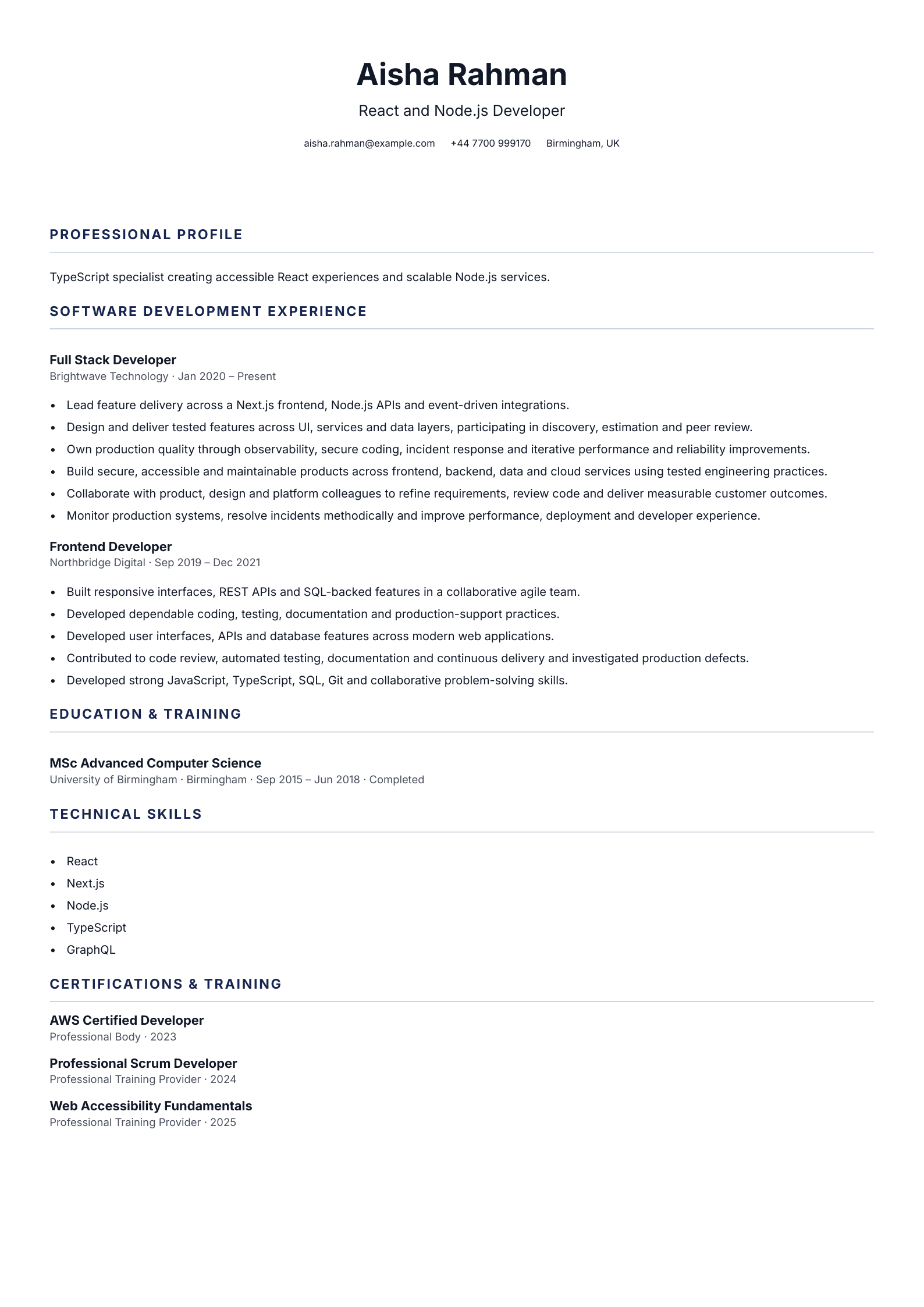 React and Node.js Developer CV template