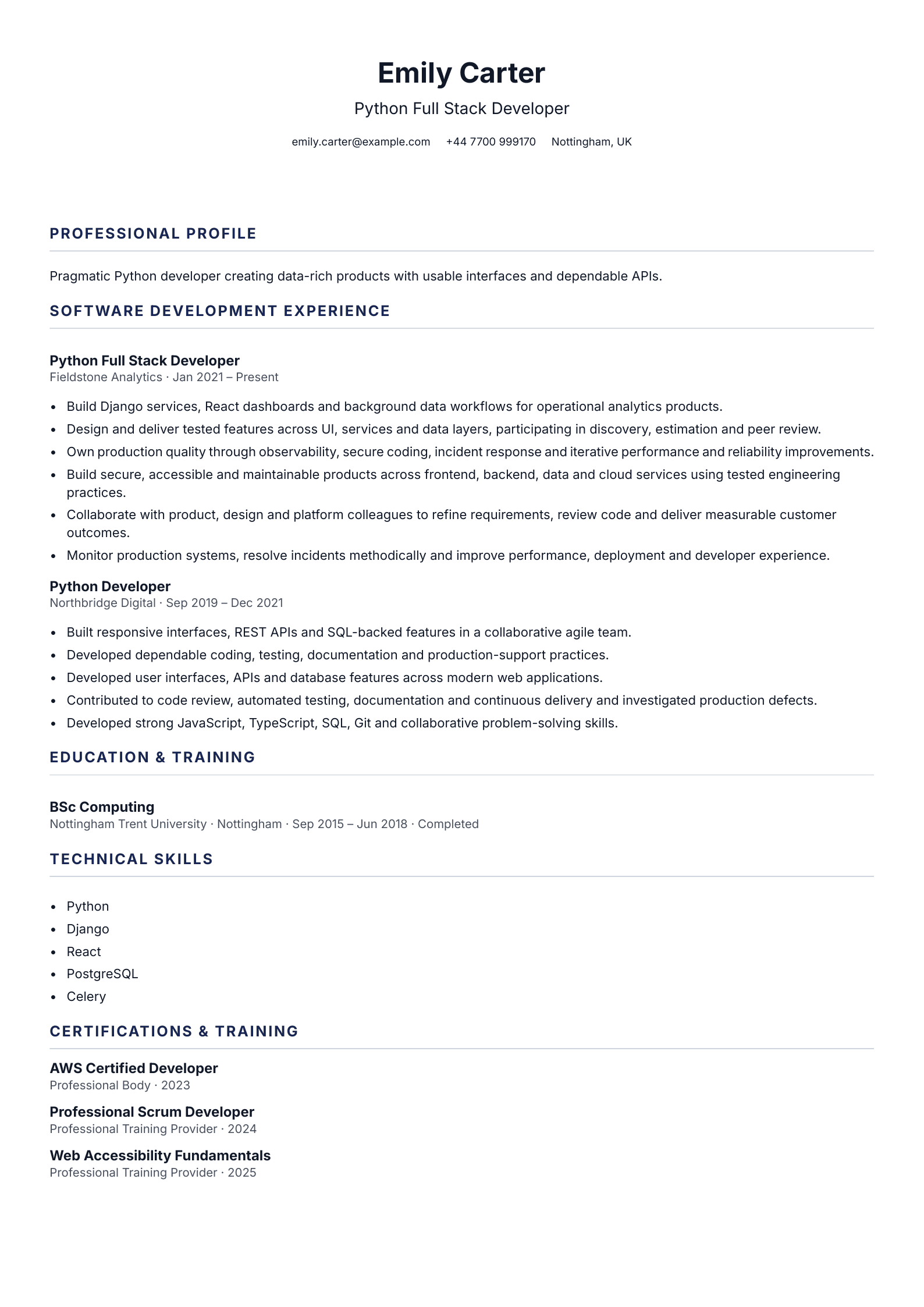 Python Full Stack Developer CV template