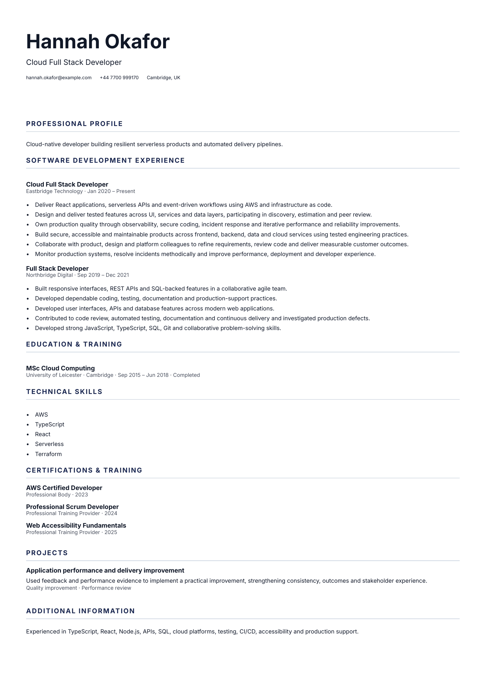 Cloud Full Stack Developer CV template