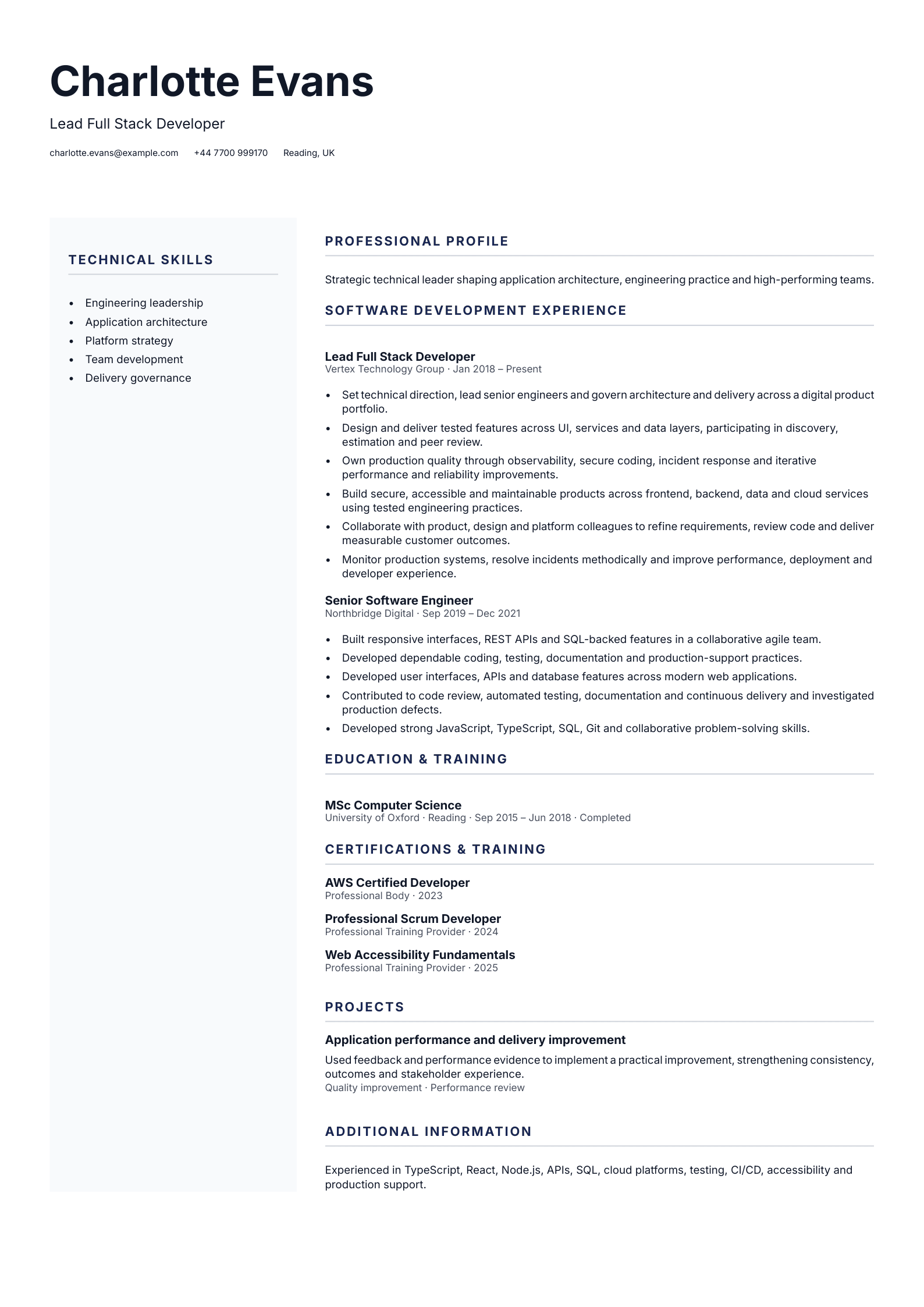 Lead Full Stack Developer CV template