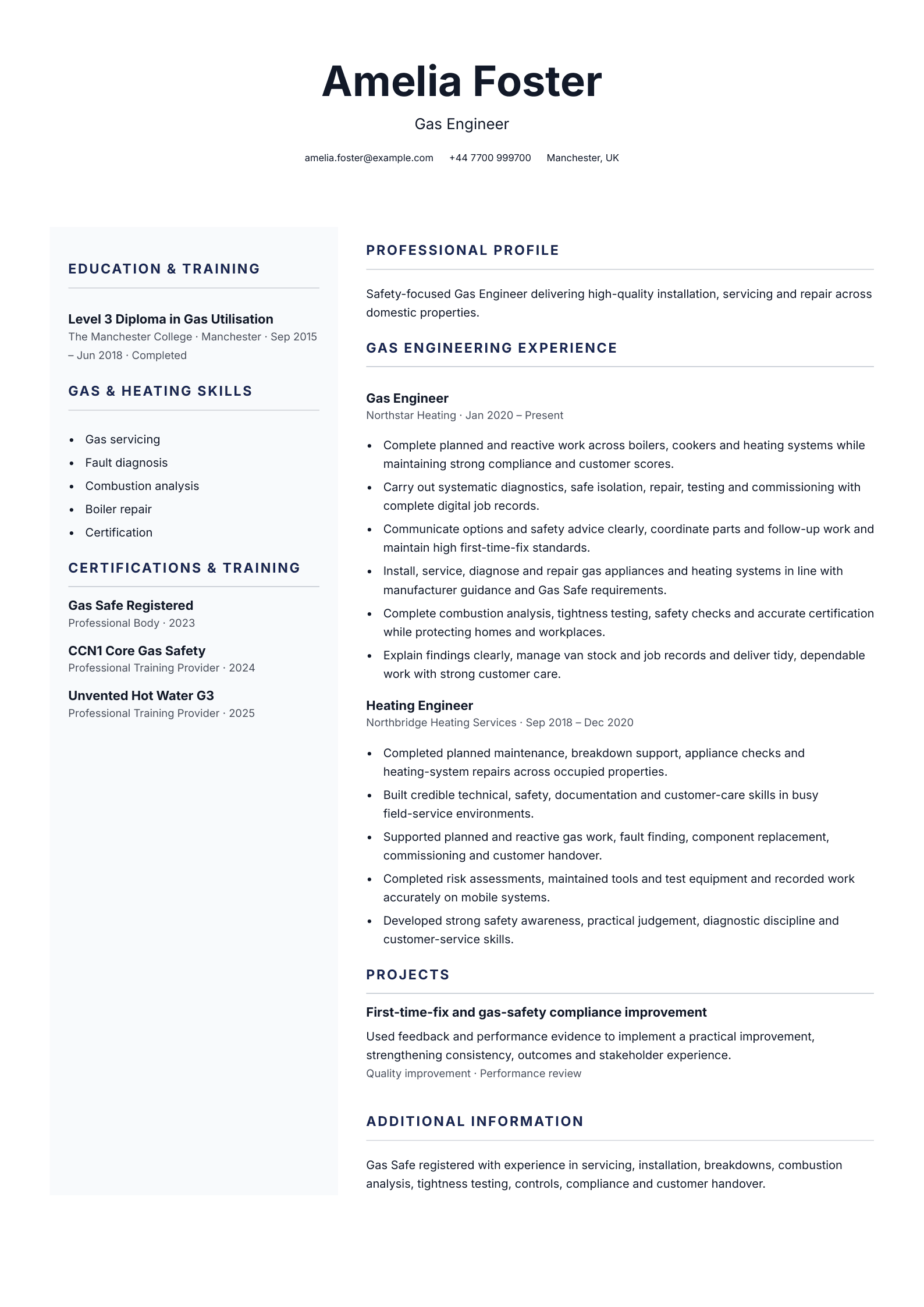 Gas engineer CV