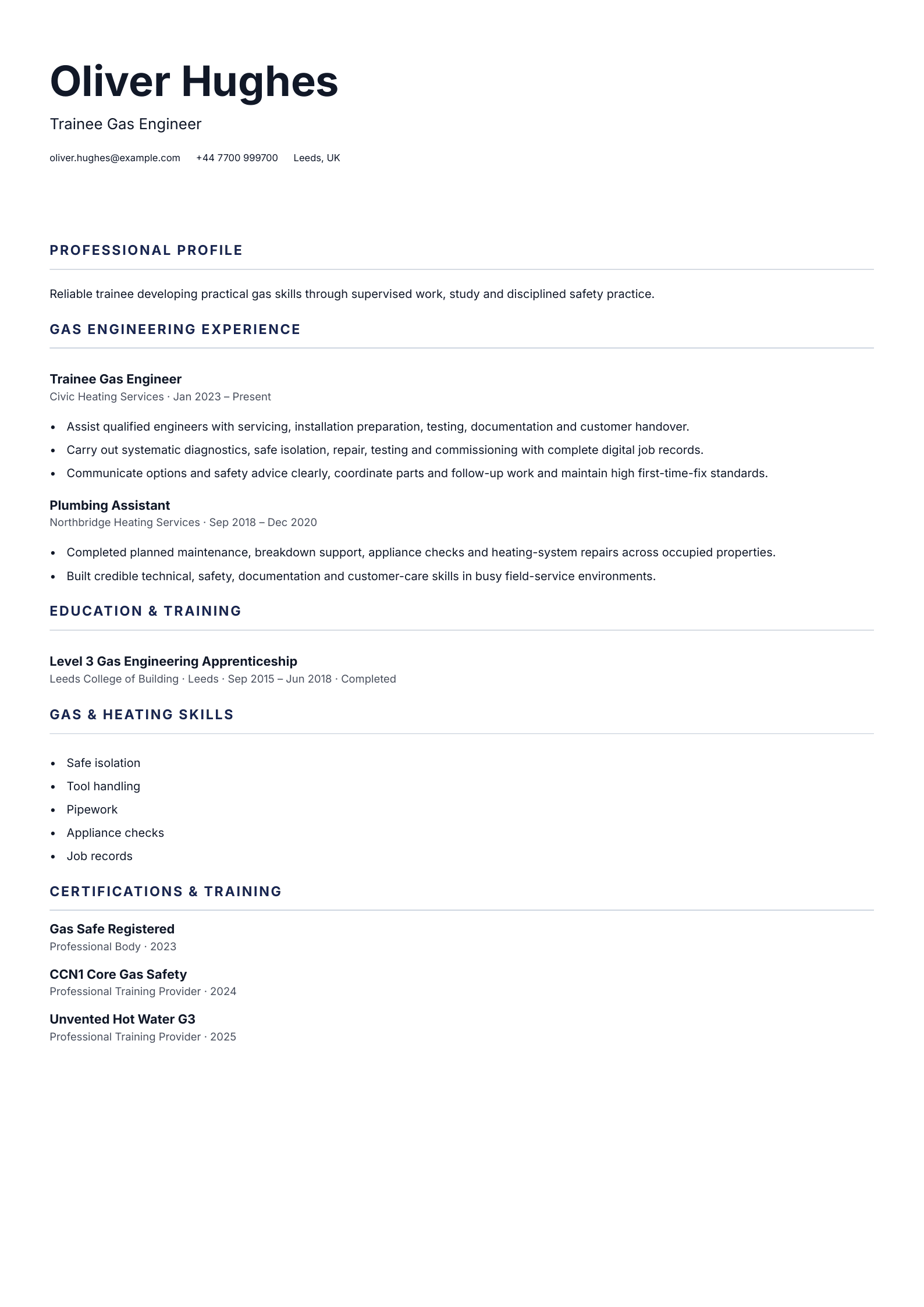Trainee Gas Engineer CV template