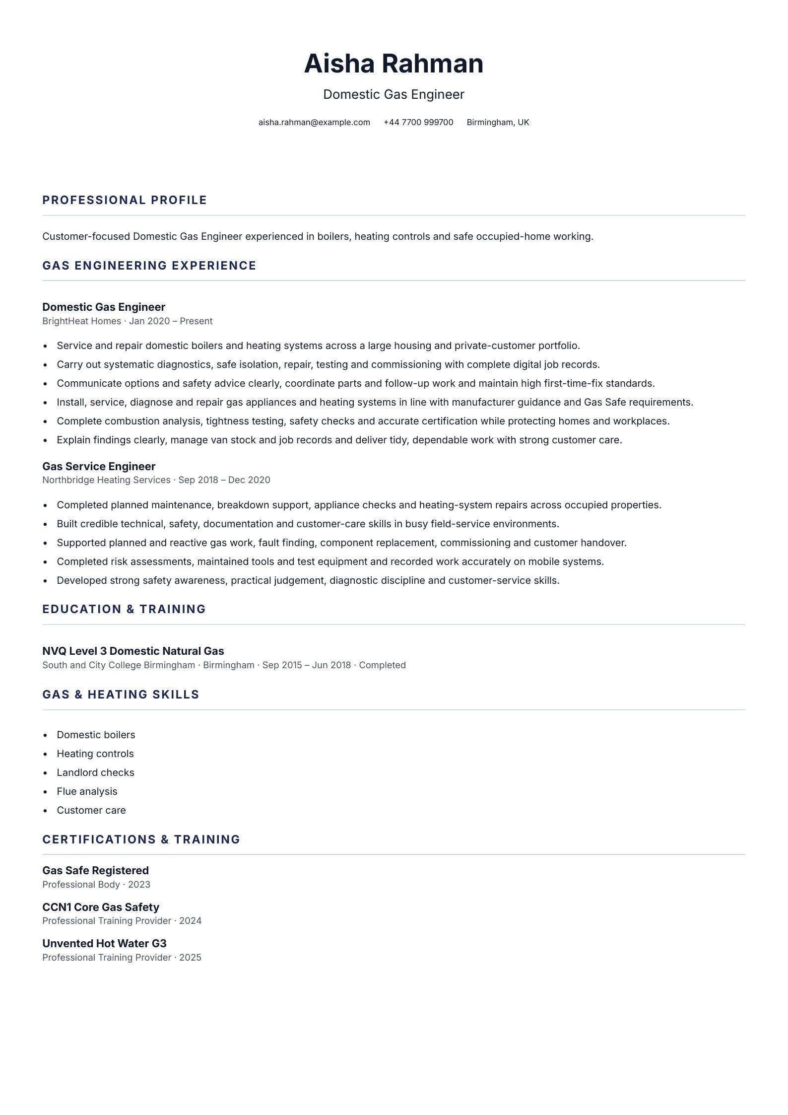 Domestic Gas Engineer CV template
