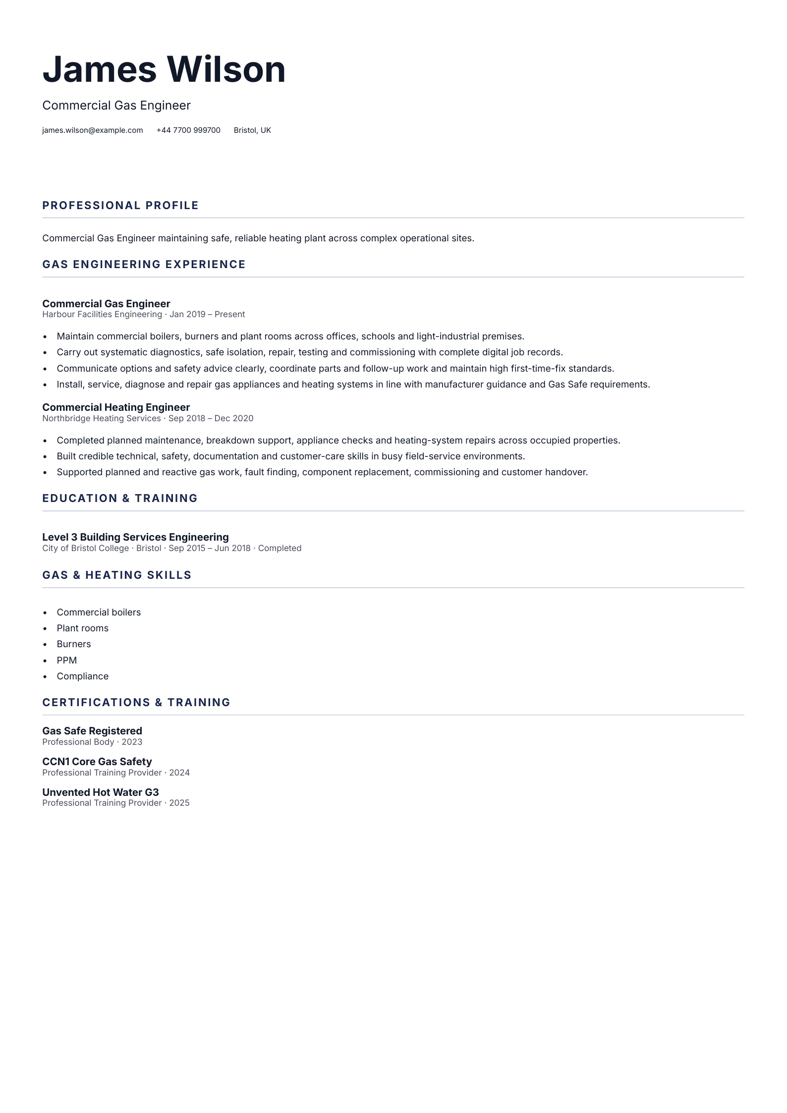 Commercial Gas Engineer CV template