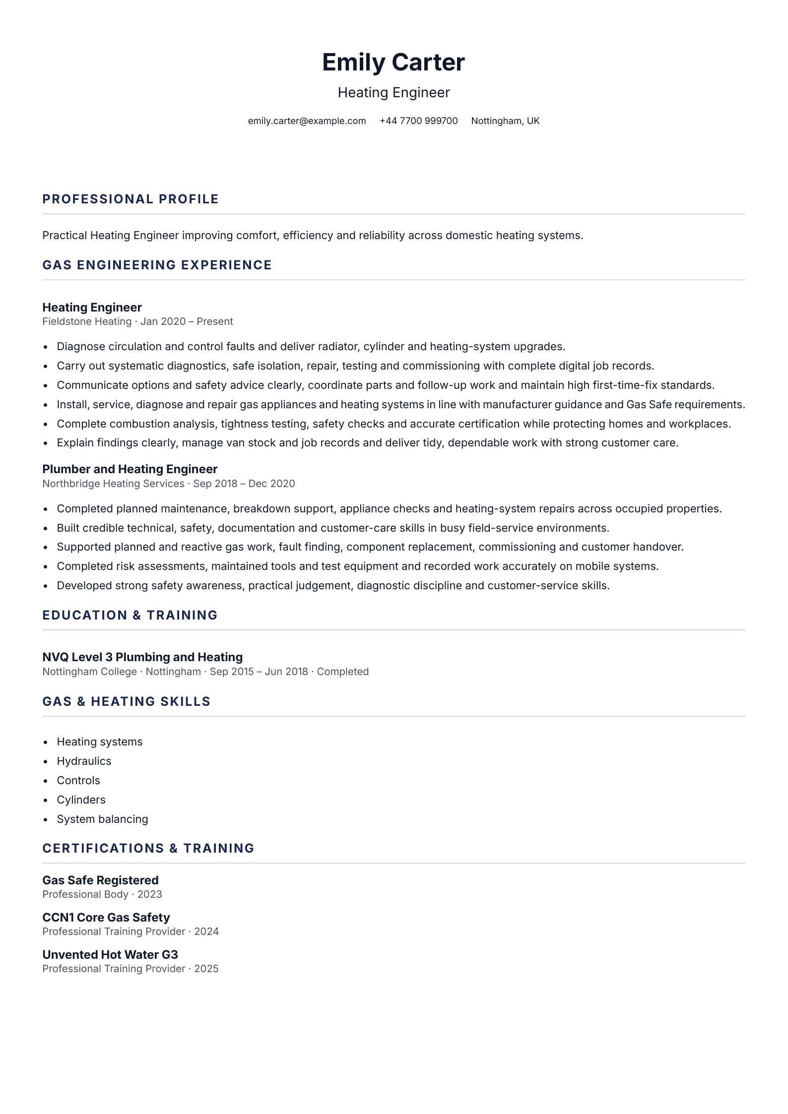 Heating Engineer CV template