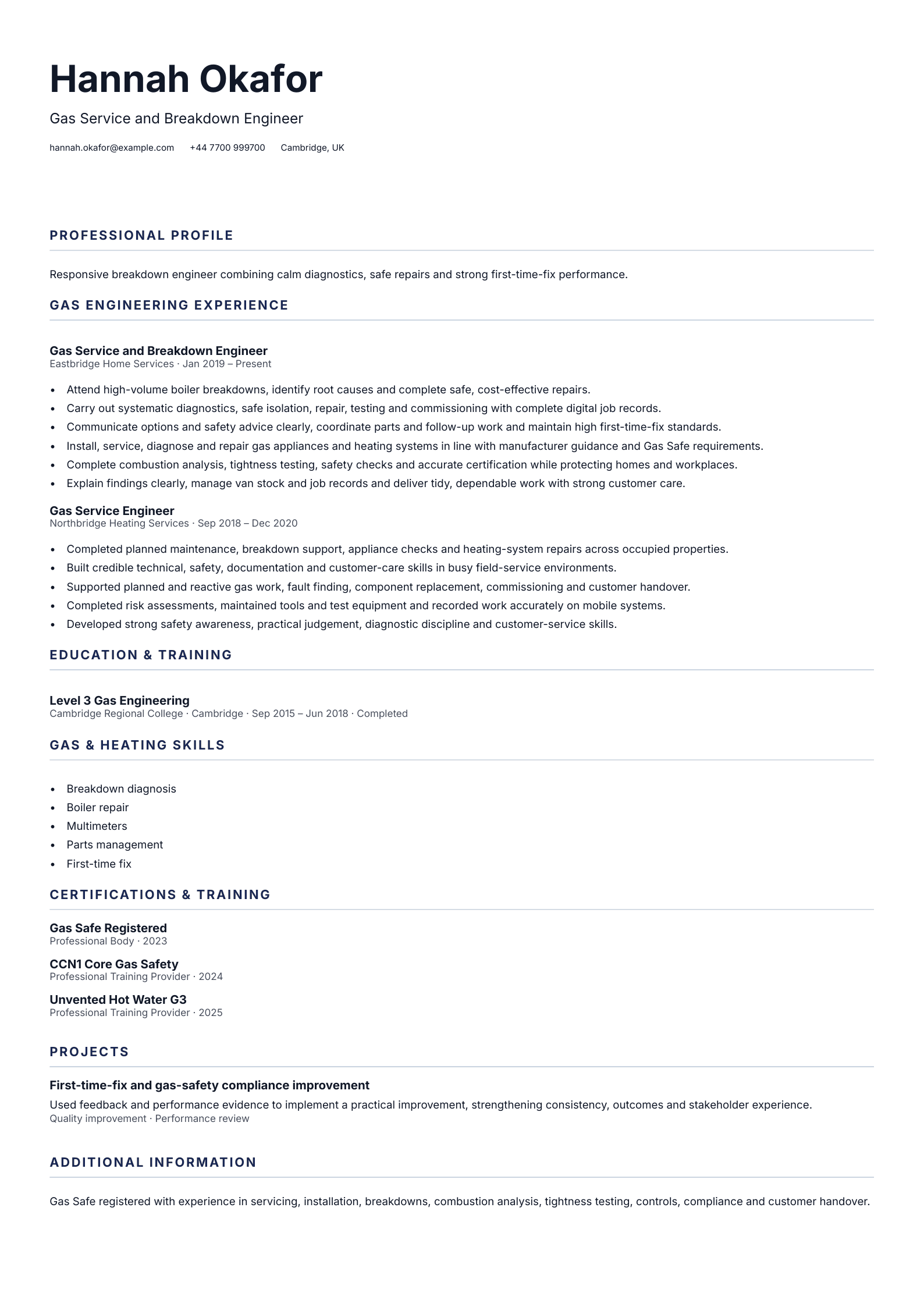 Gas Service and Breakdown Engineer CV template