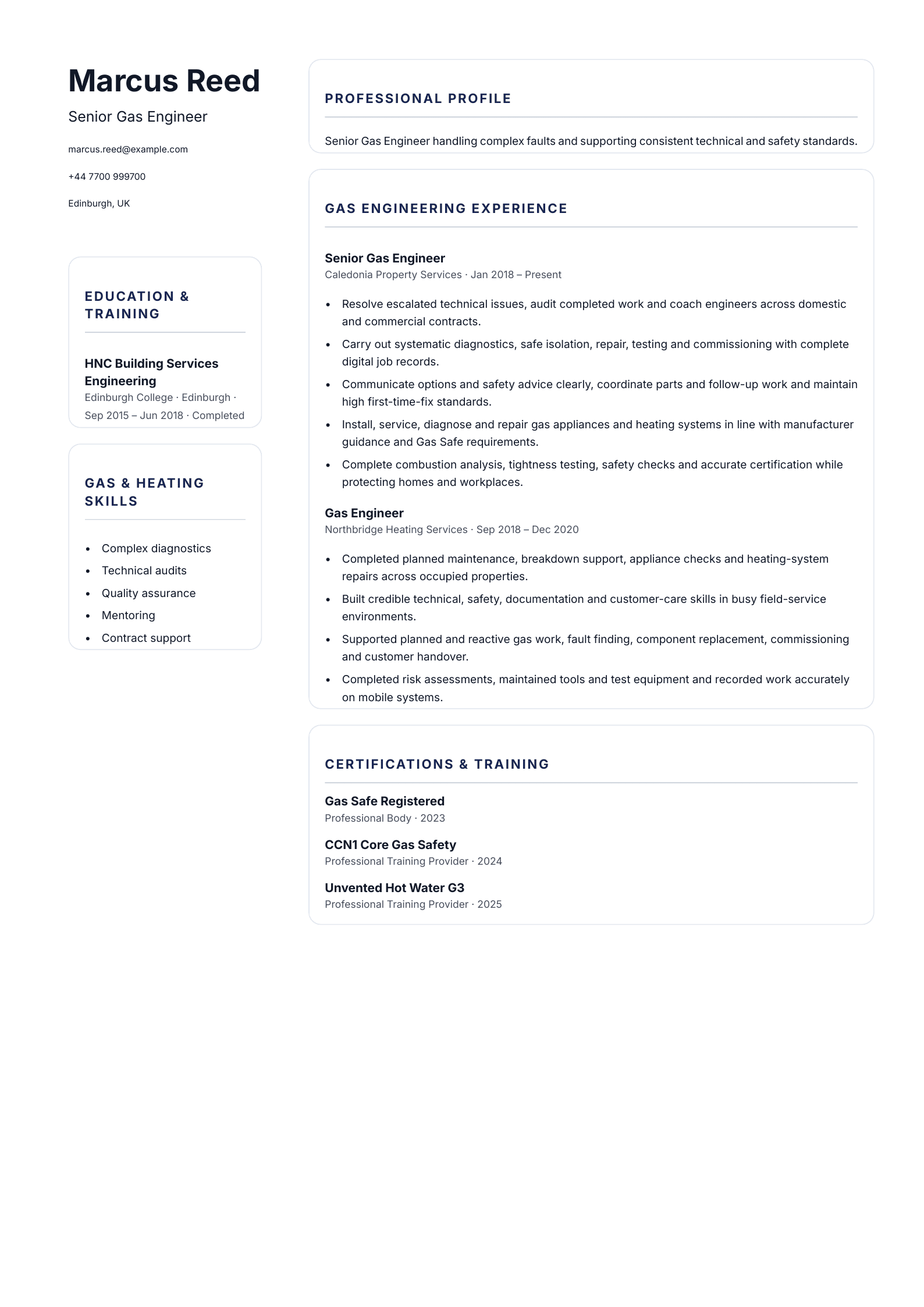 Senior Gas Engineer CV template