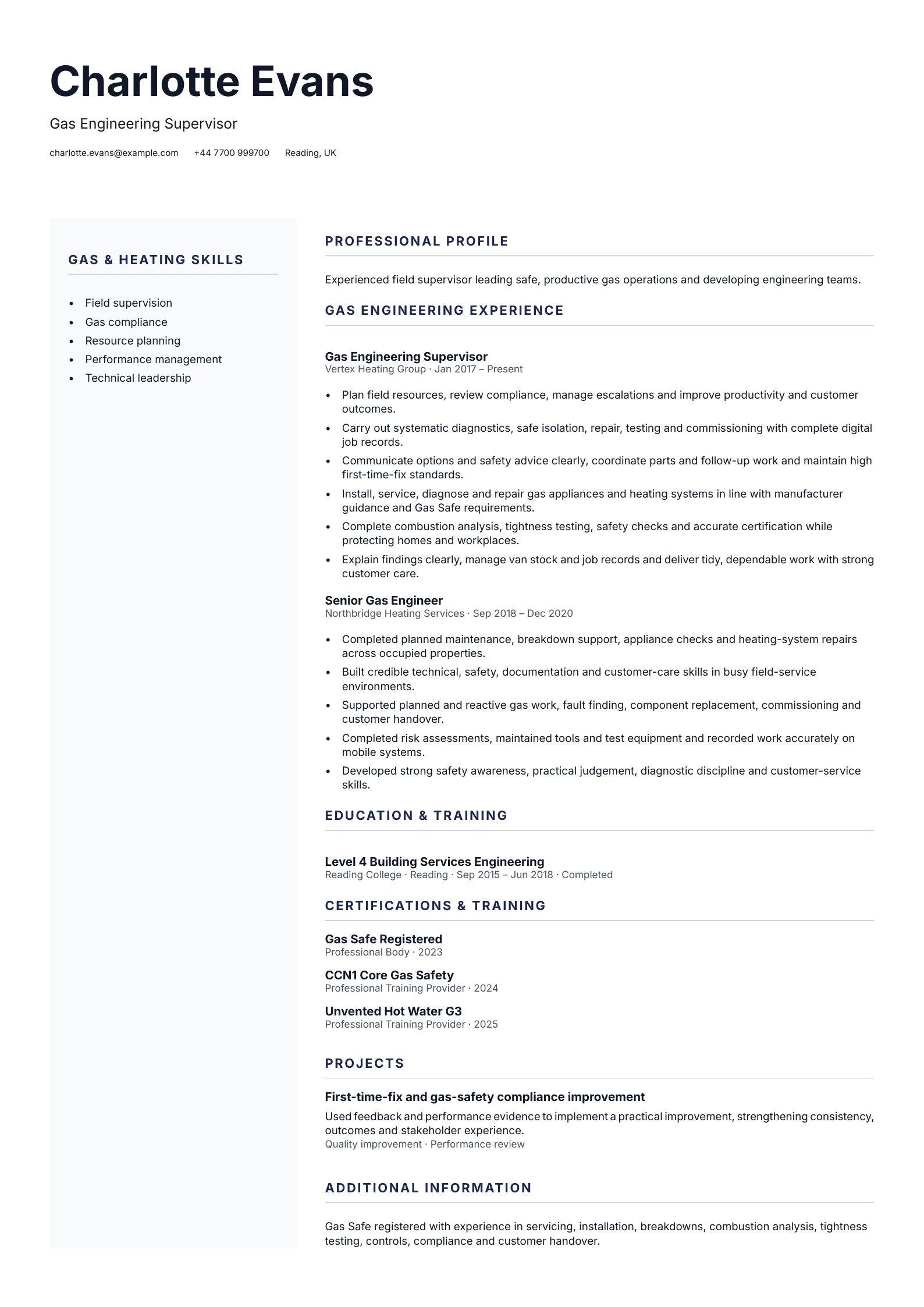 Gas Engineering Supervisor CV template