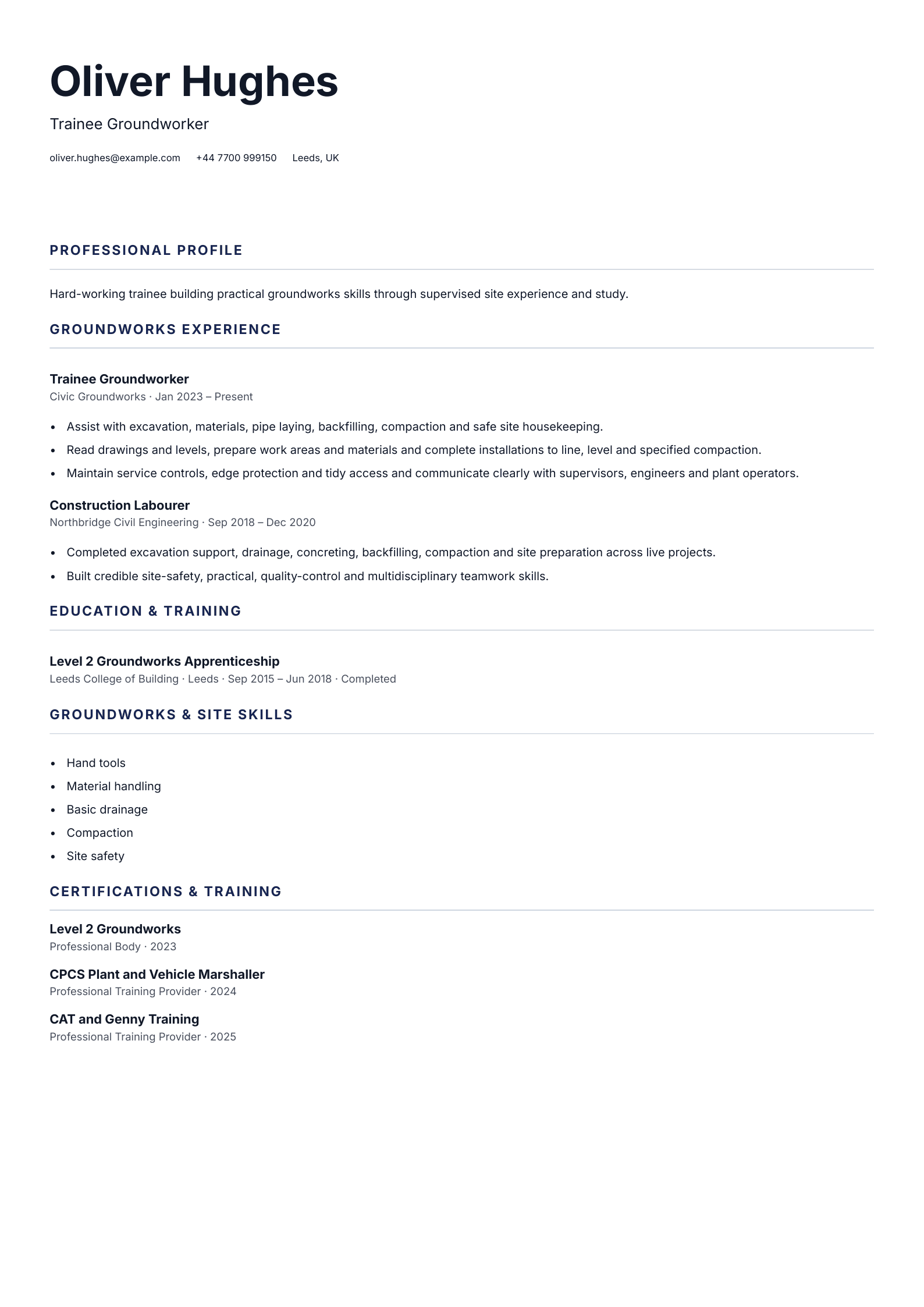Trainee Groundworker CV template