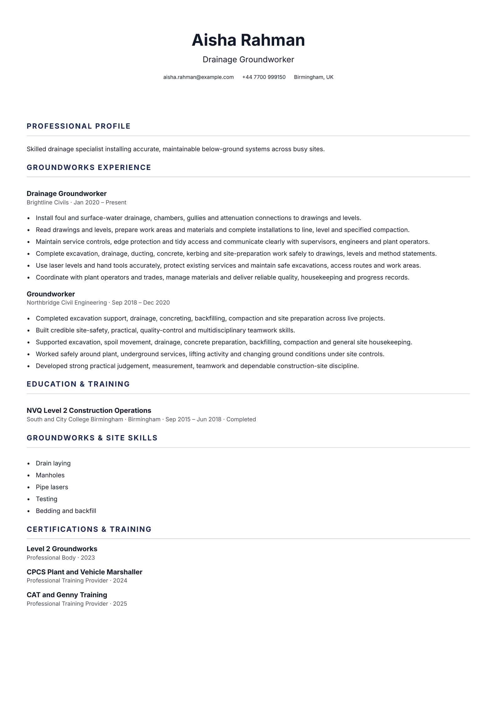 Drainage Groundworker CV template