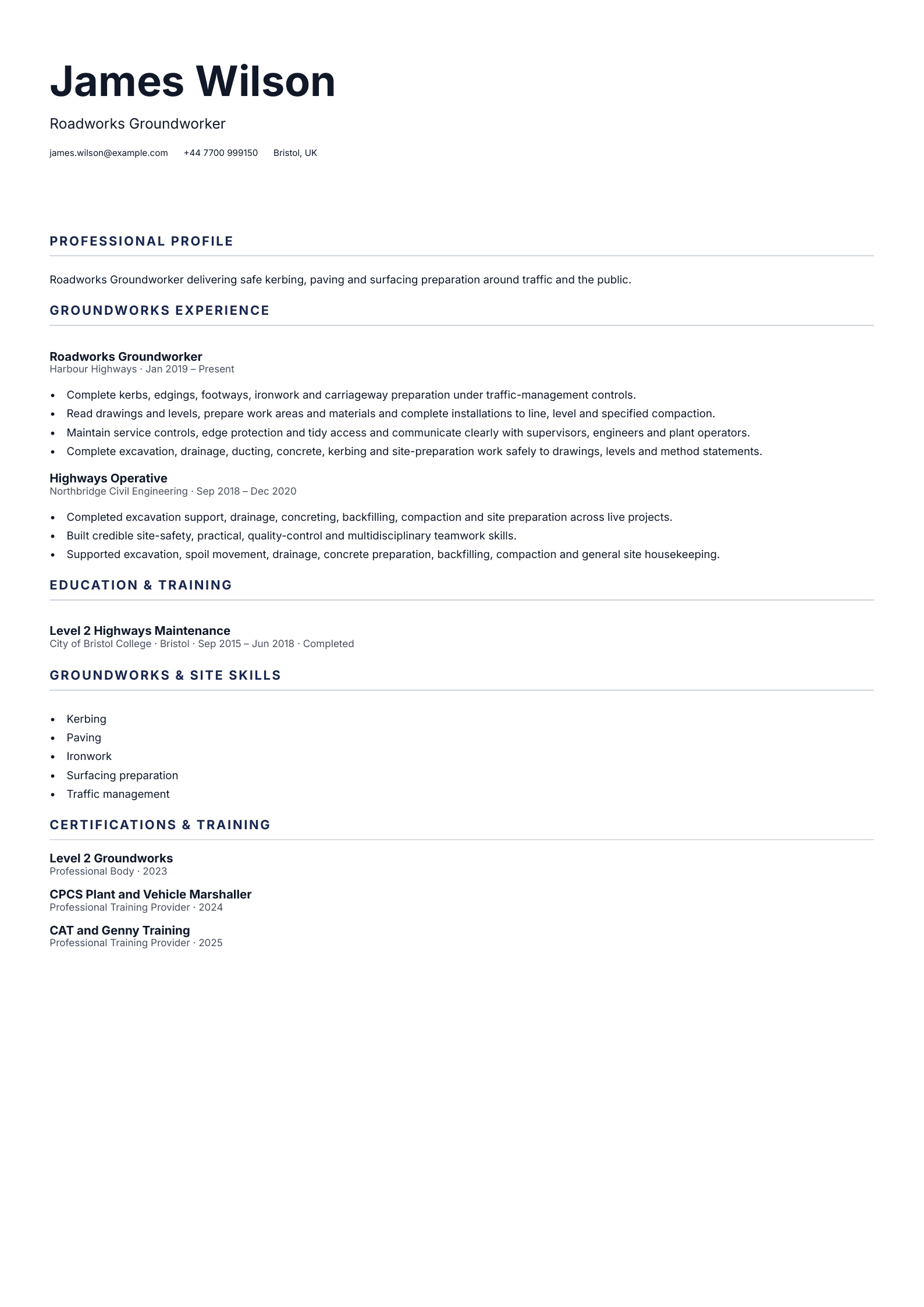 Roadworks Groundworker CV template