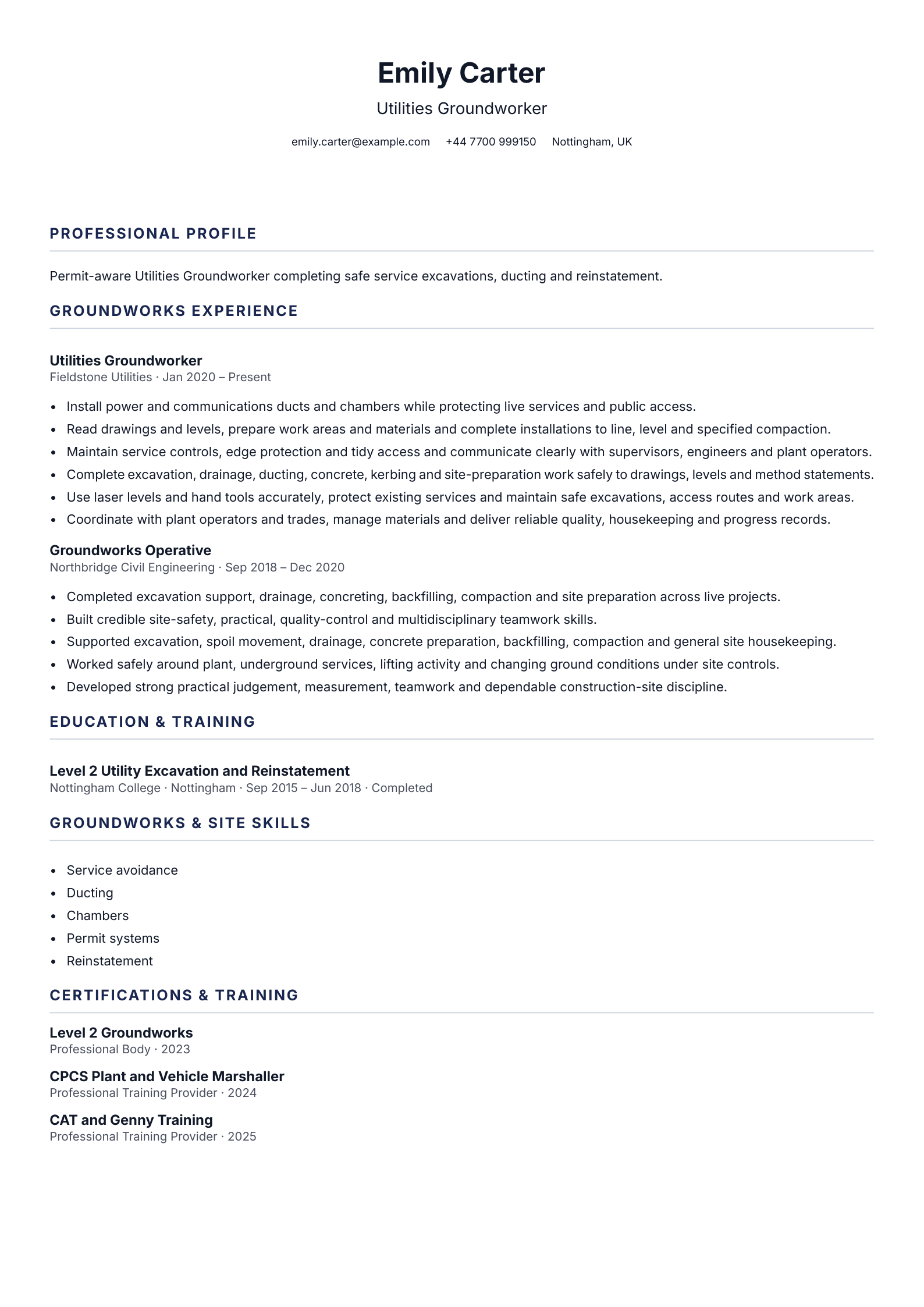 Utilities Groundworker CV template