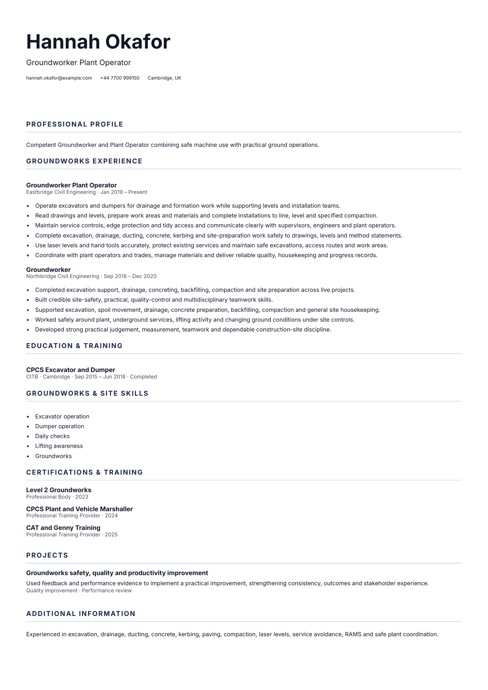 Groundworker Plant Operator CV template
