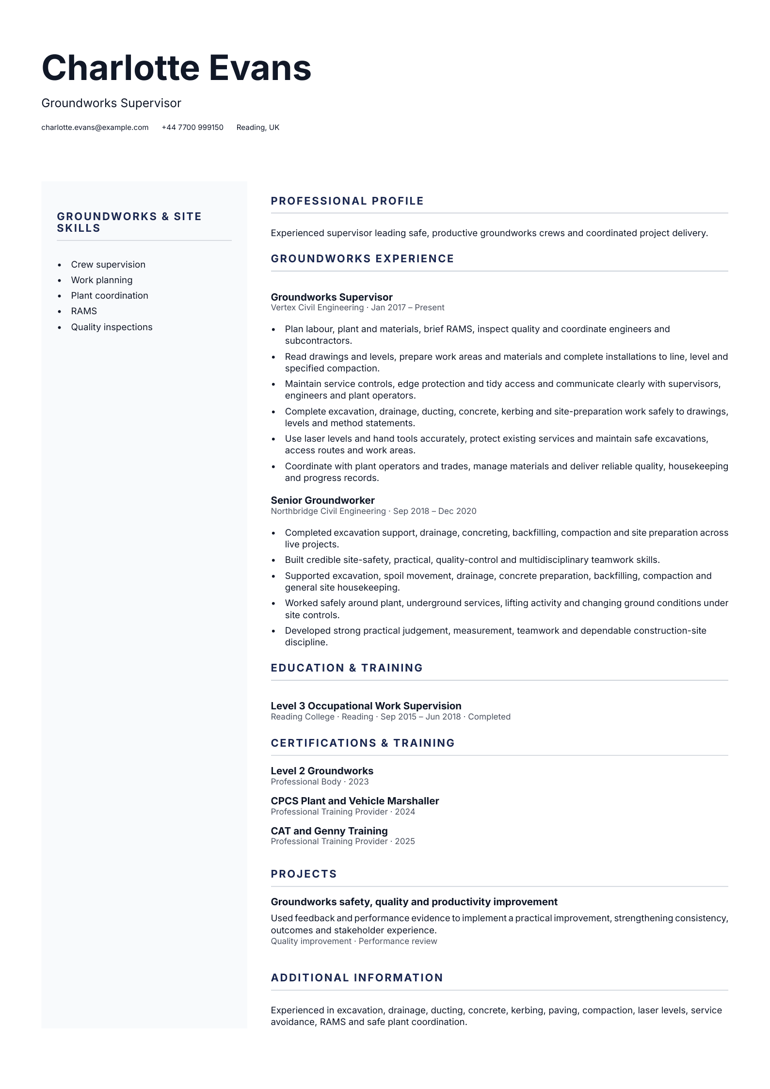 Groundworks Supervisor CV template