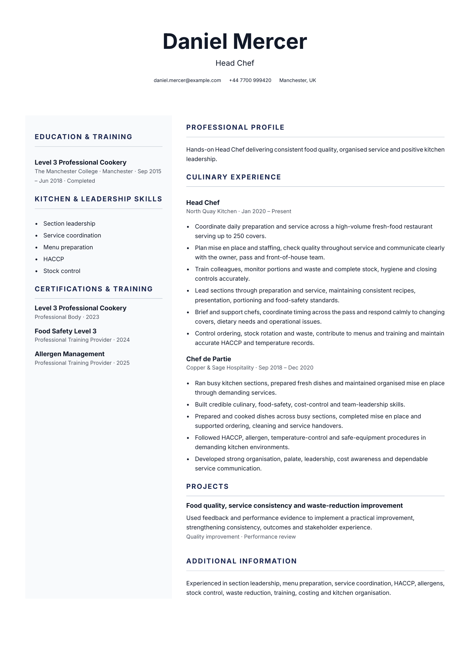 Head chef CV