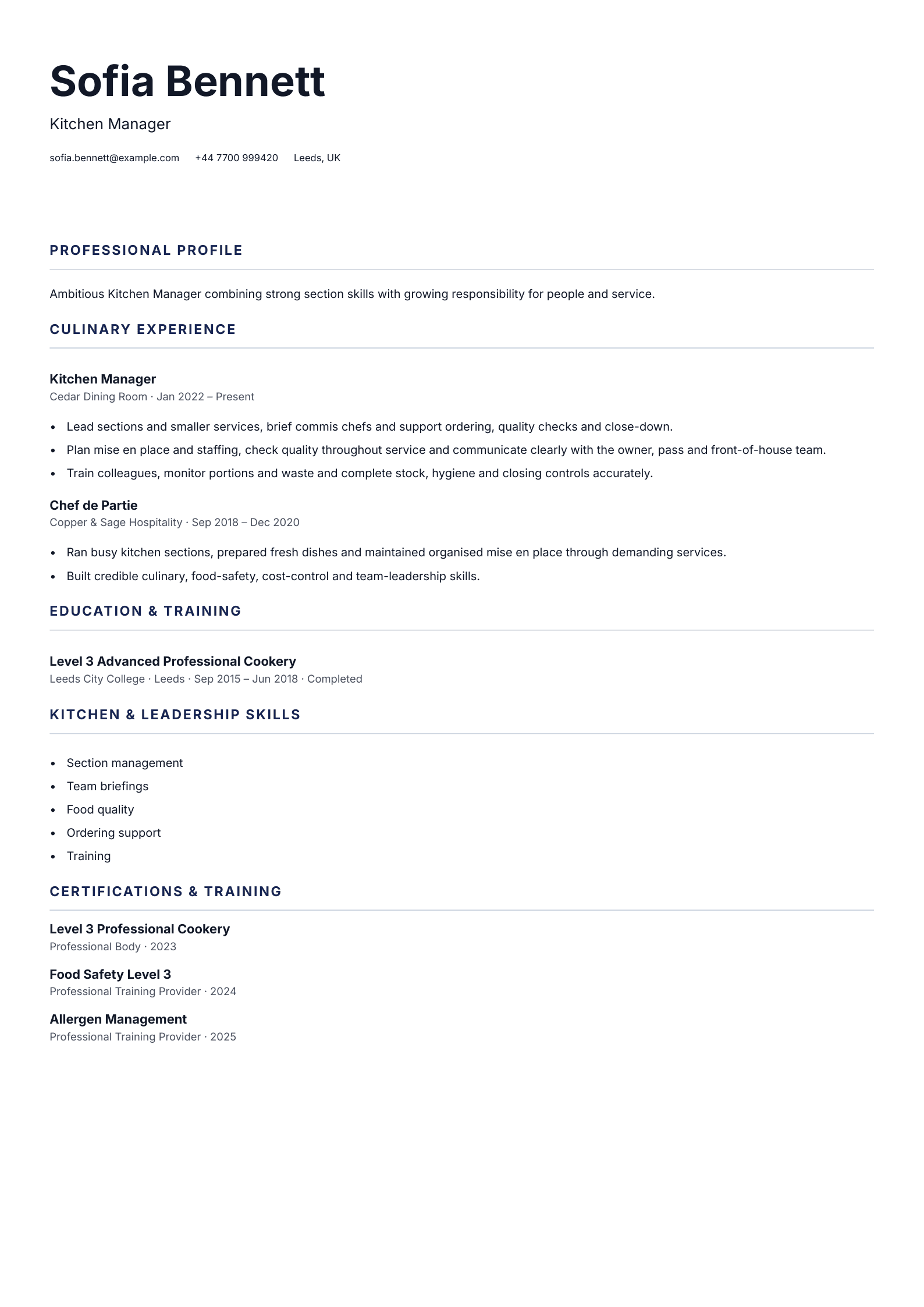 Kitchen Manager CV template