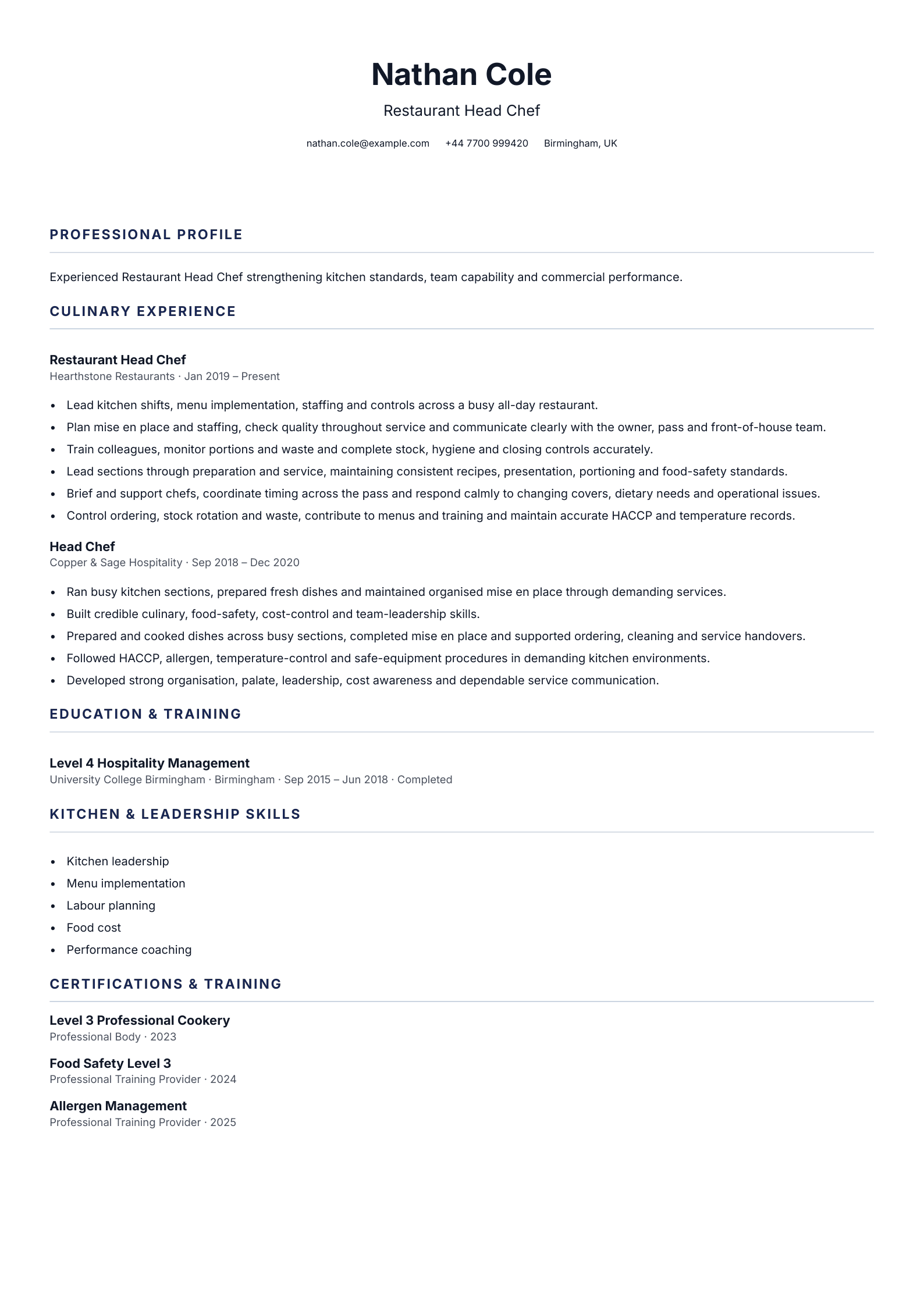 Restaurant Head Chef CV template