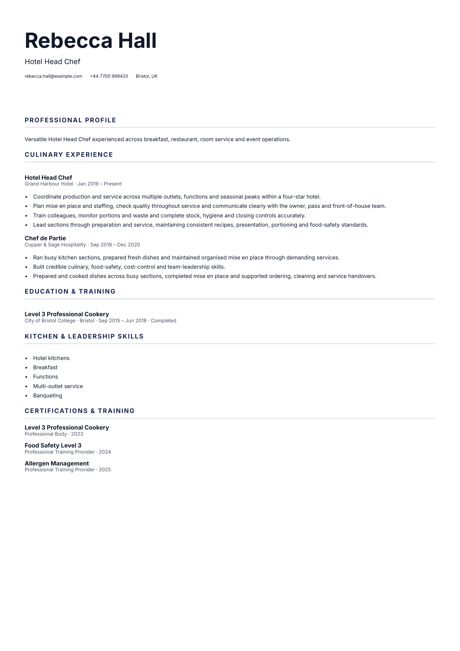 Hotel Head Chef CV template