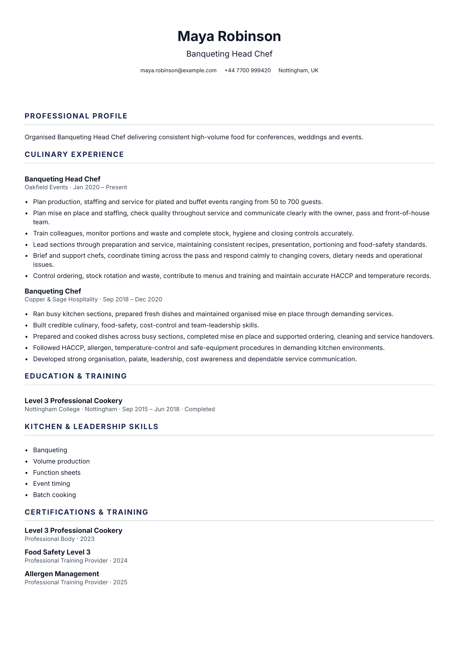 Banqueting Head Chef CV template