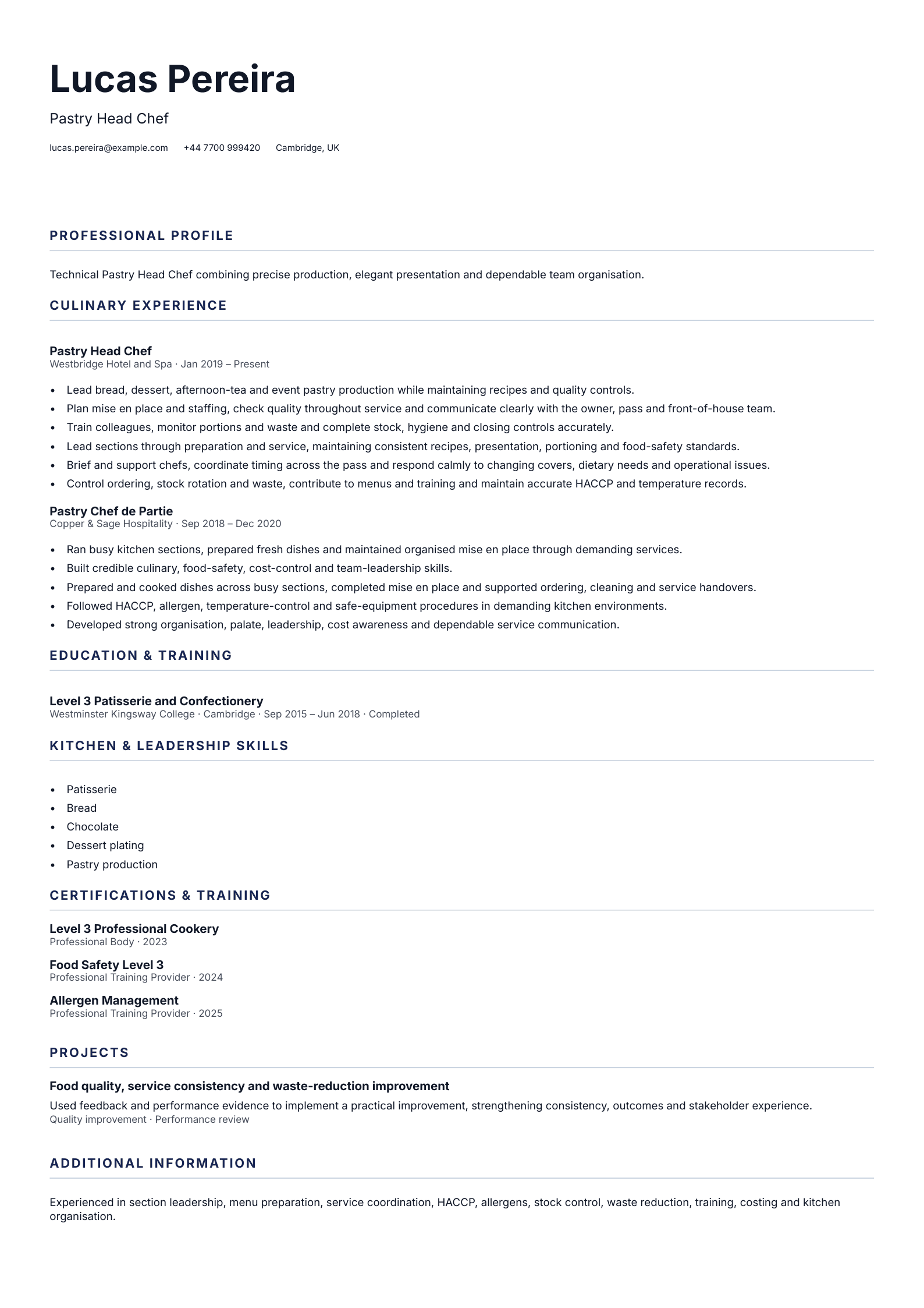 Pastry Head Chef CV template
