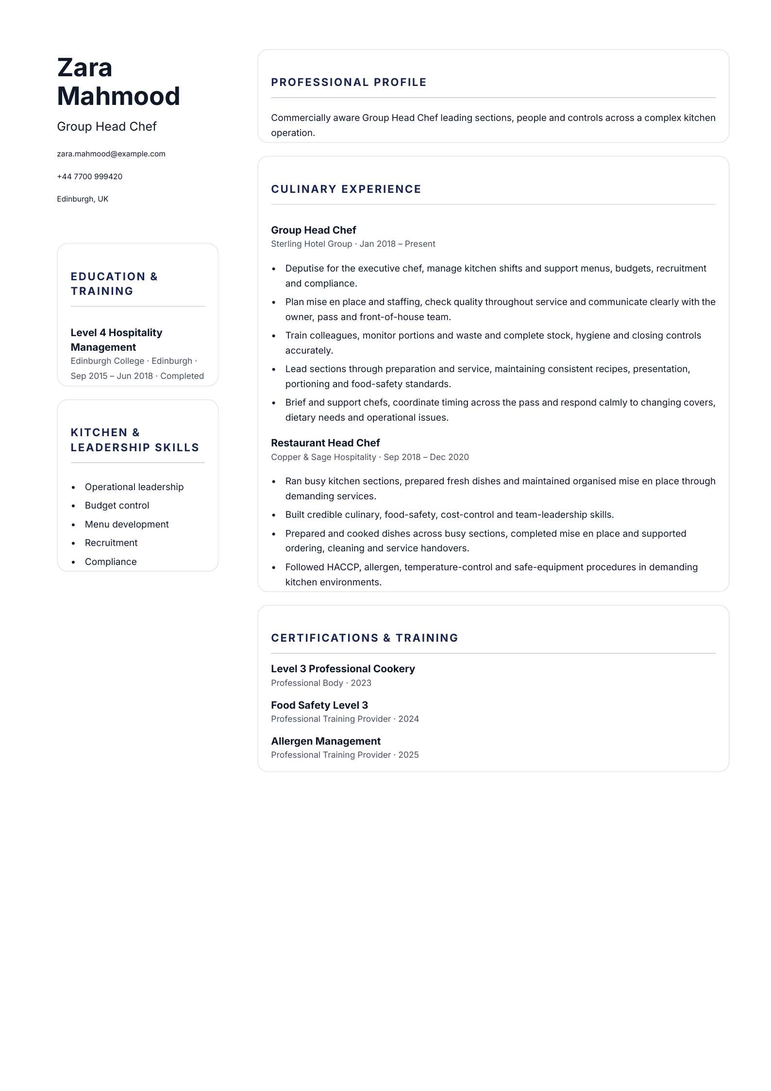 Group Head Chef CV template
