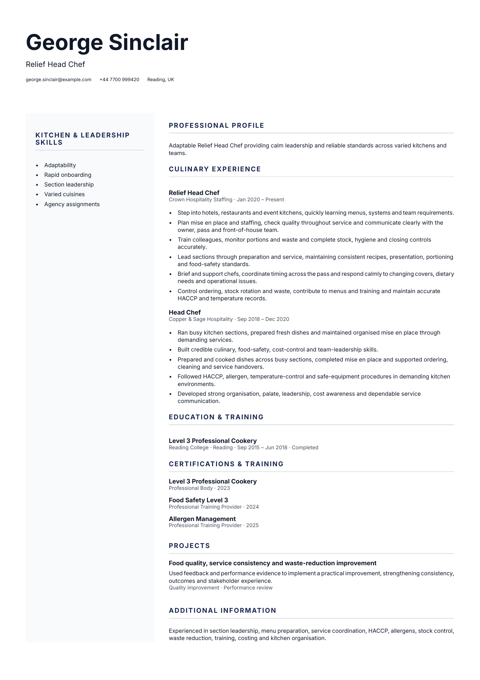 Relief Head Chef CV template