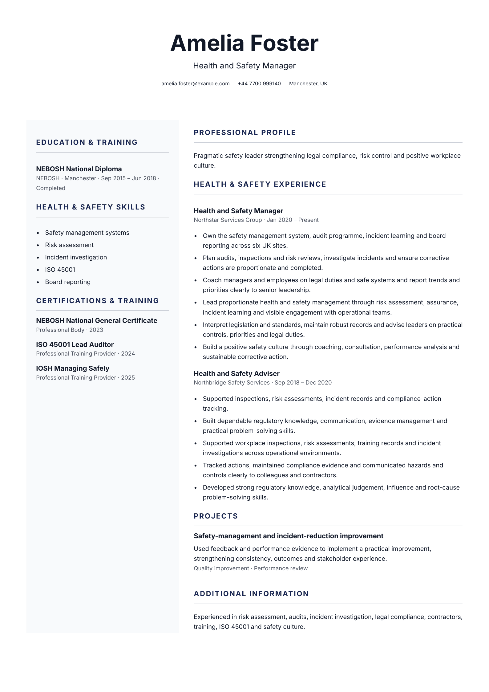 Health and safety manager CV