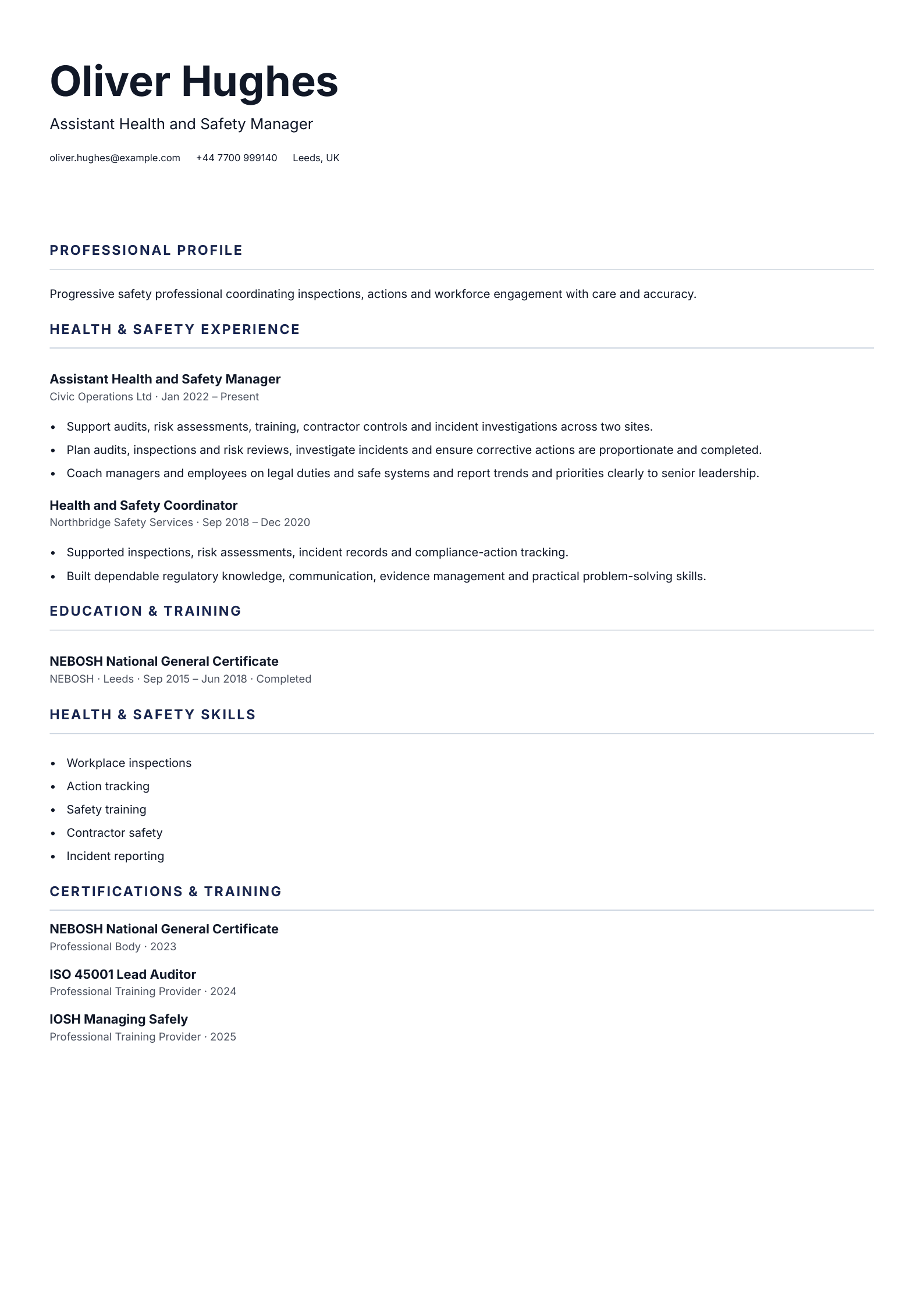 Assistant Health and Safety Manager CV template