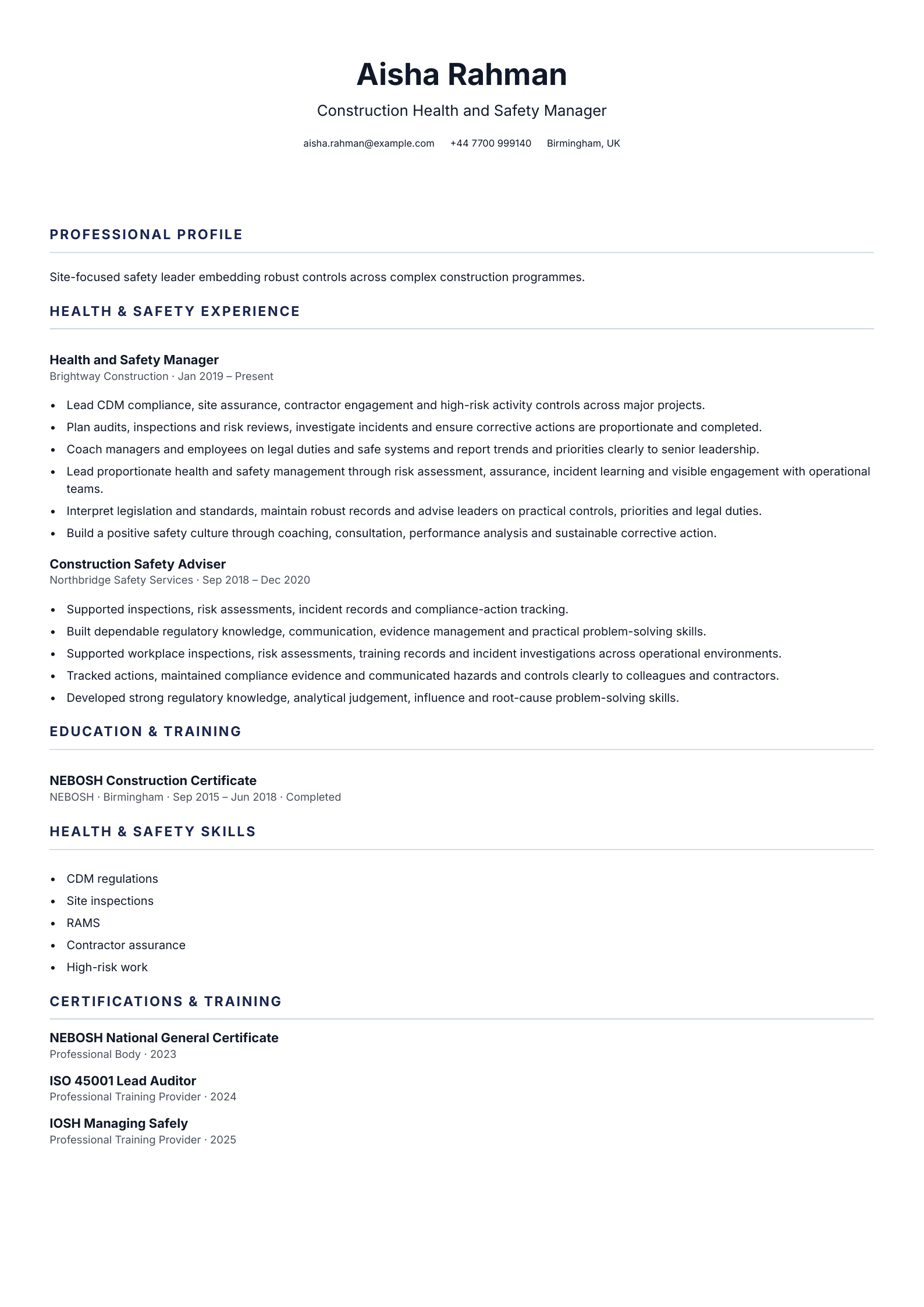 Construction Health and Safety Manager CV template