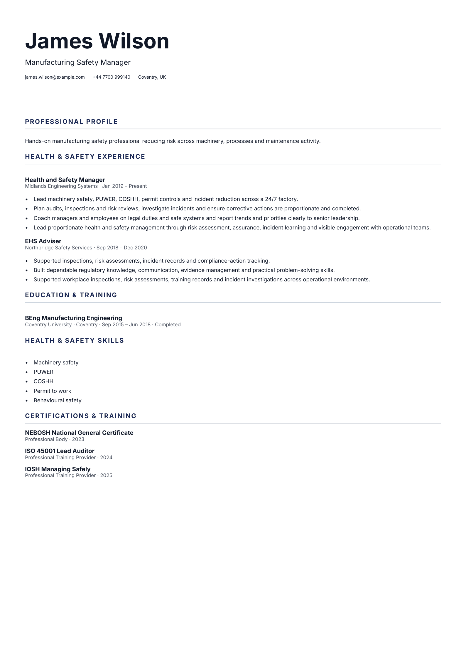Manufacturing Safety Manager CV template