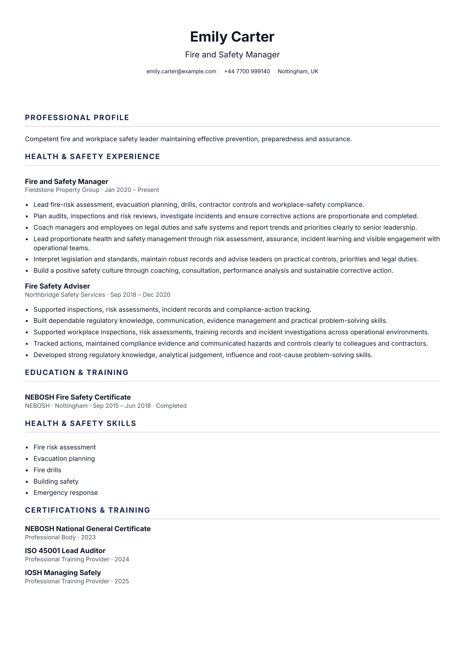 Fire and Safety Manager CV template