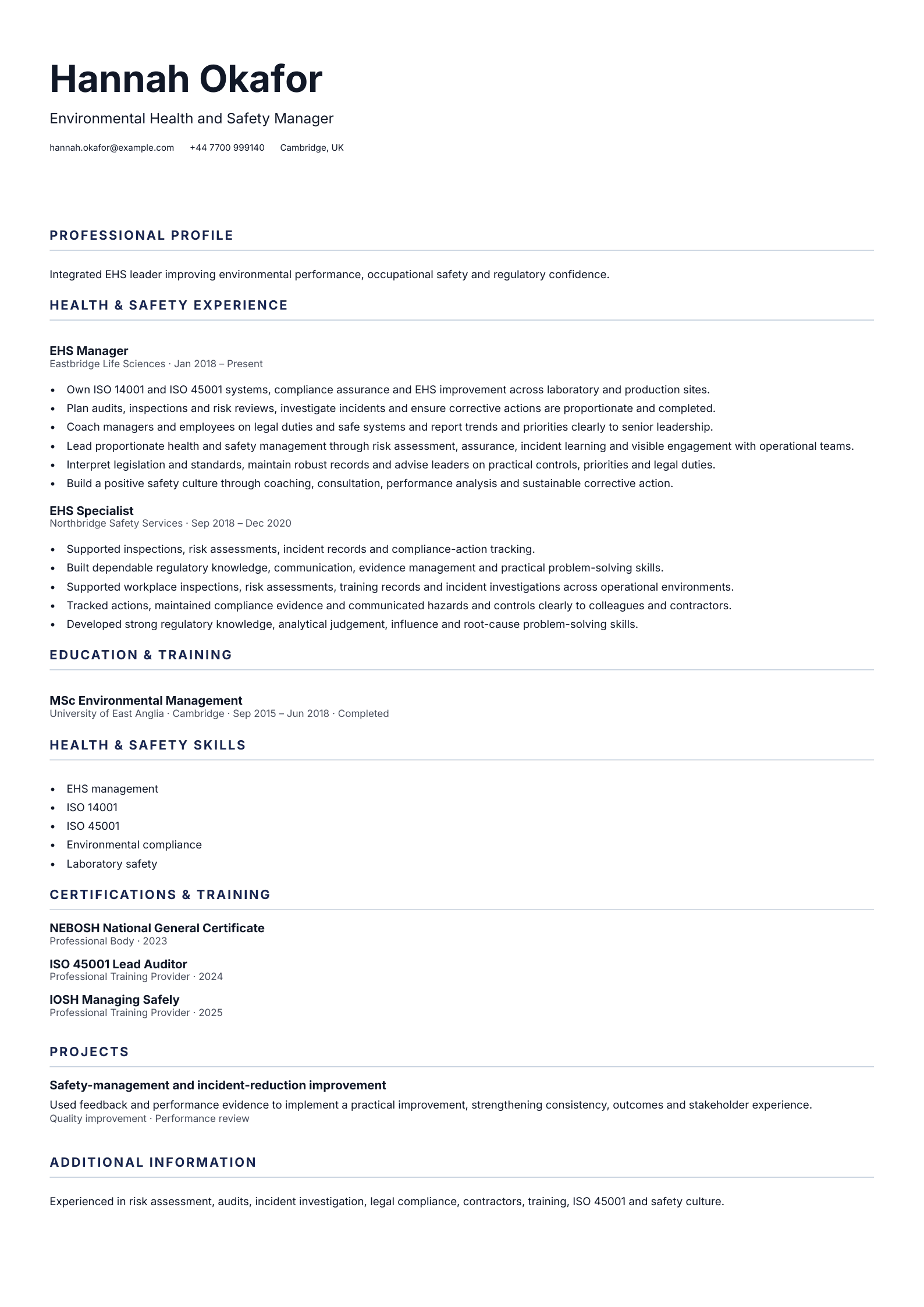 EHS Manager CV template