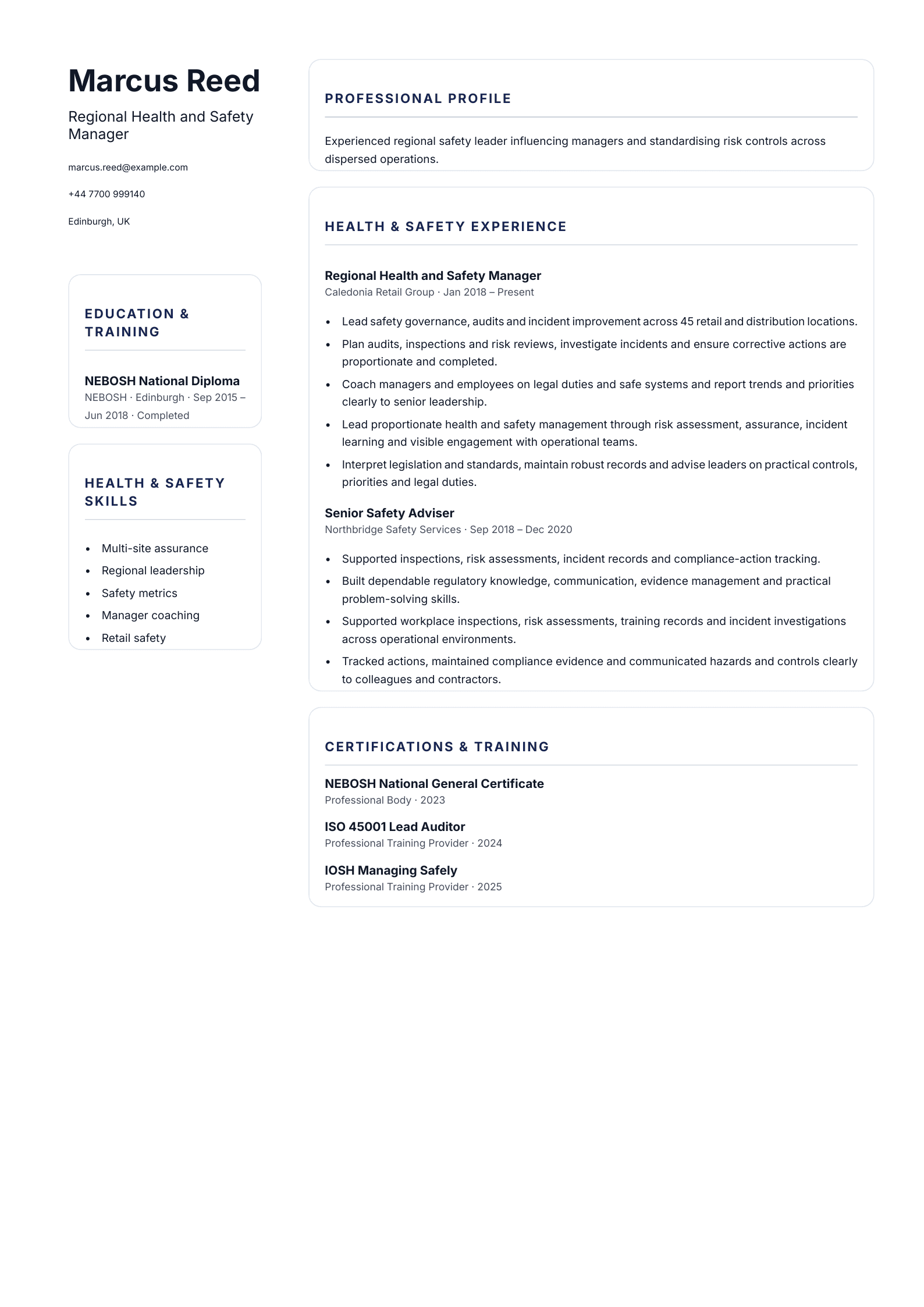 Regional Health and Safety Manager CV template