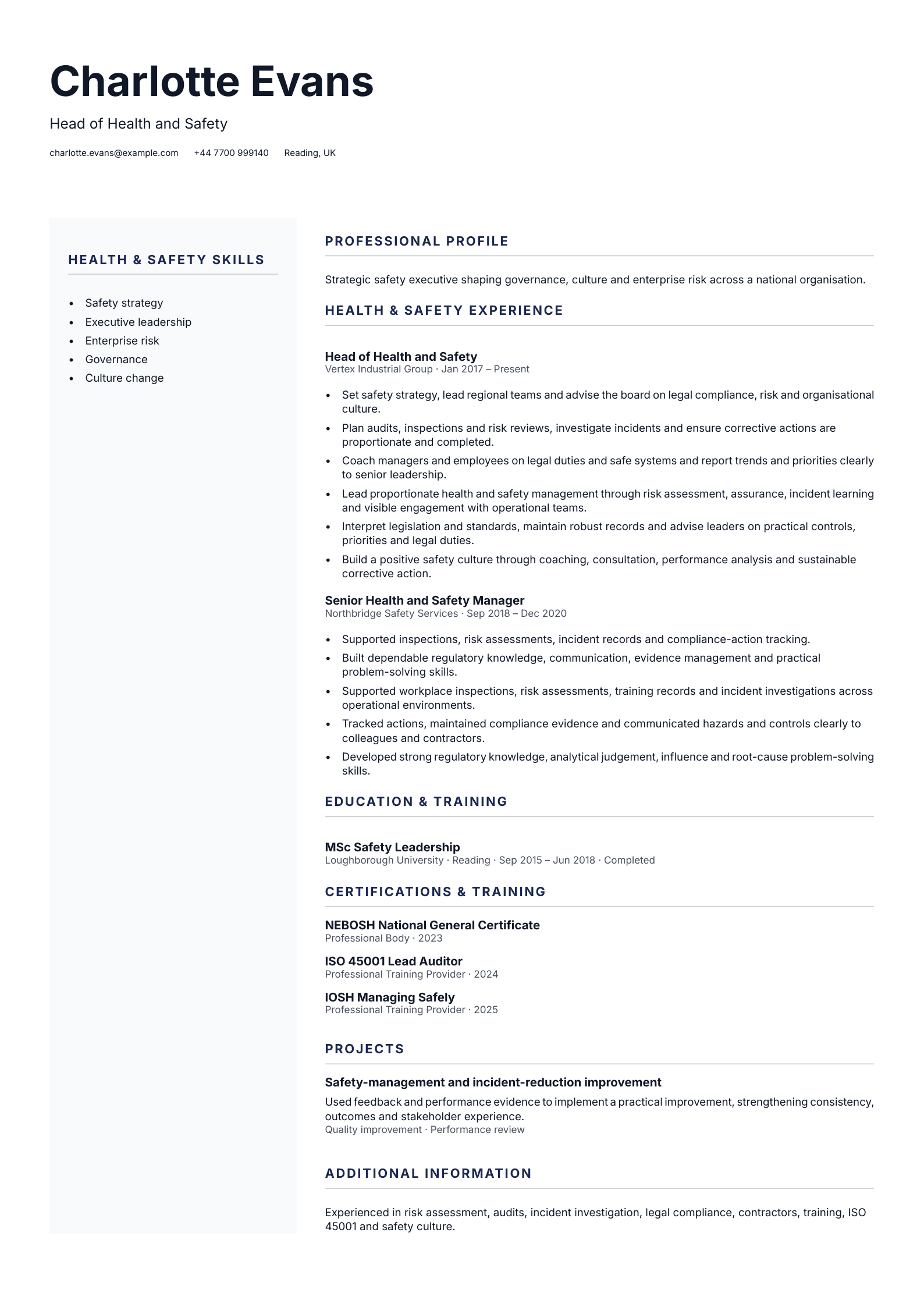 Head of Health and Safety CV template