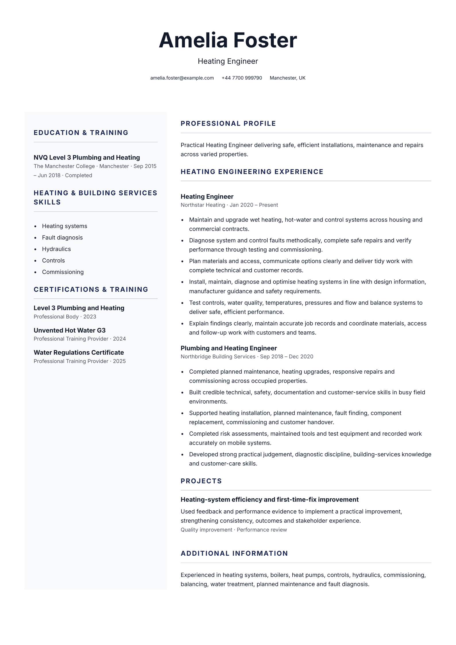 Heating engineer CV