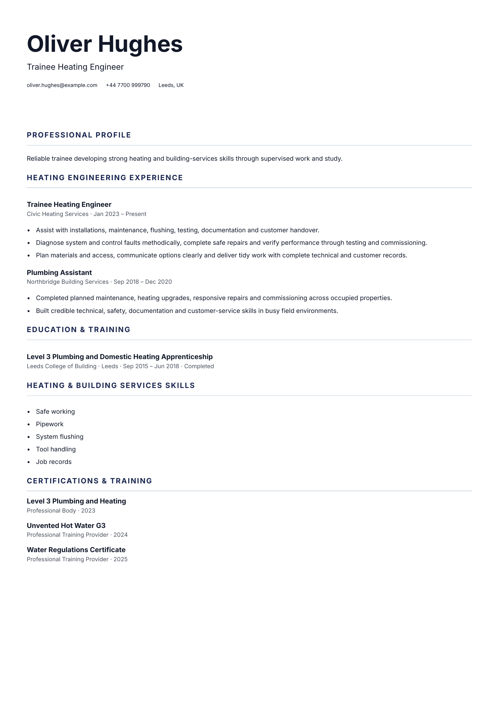 Trainee Heating Engineer CV template