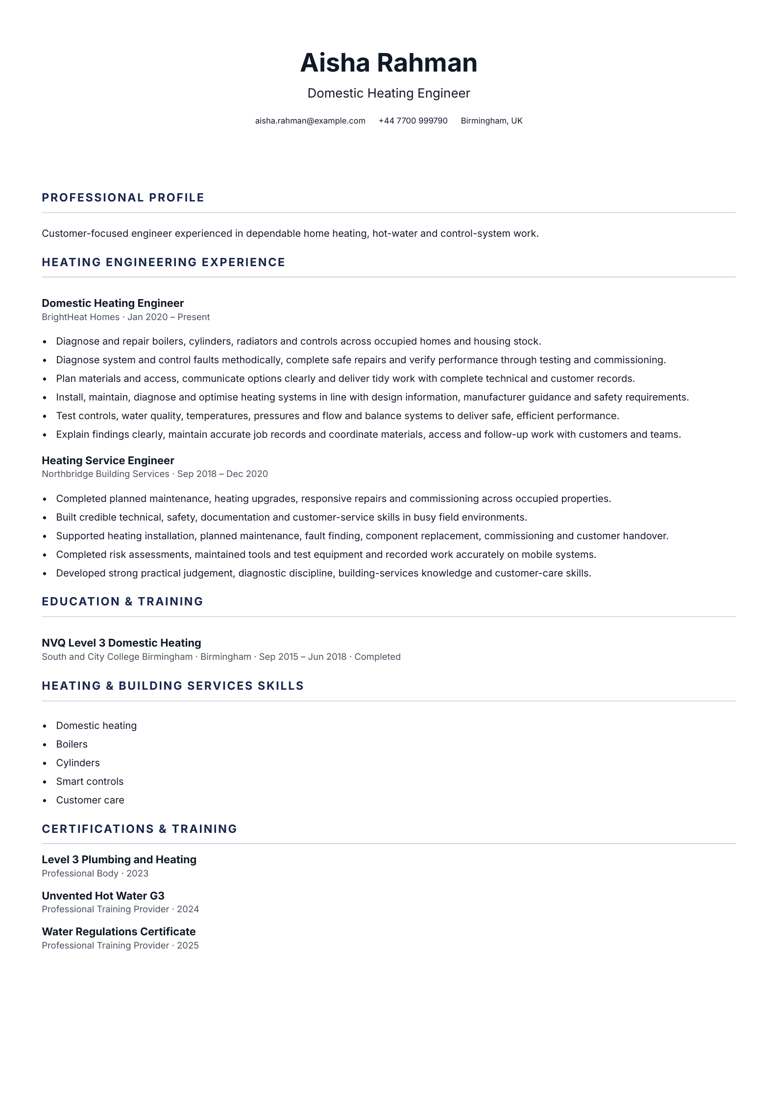 Domestic Heating Engineer CV template