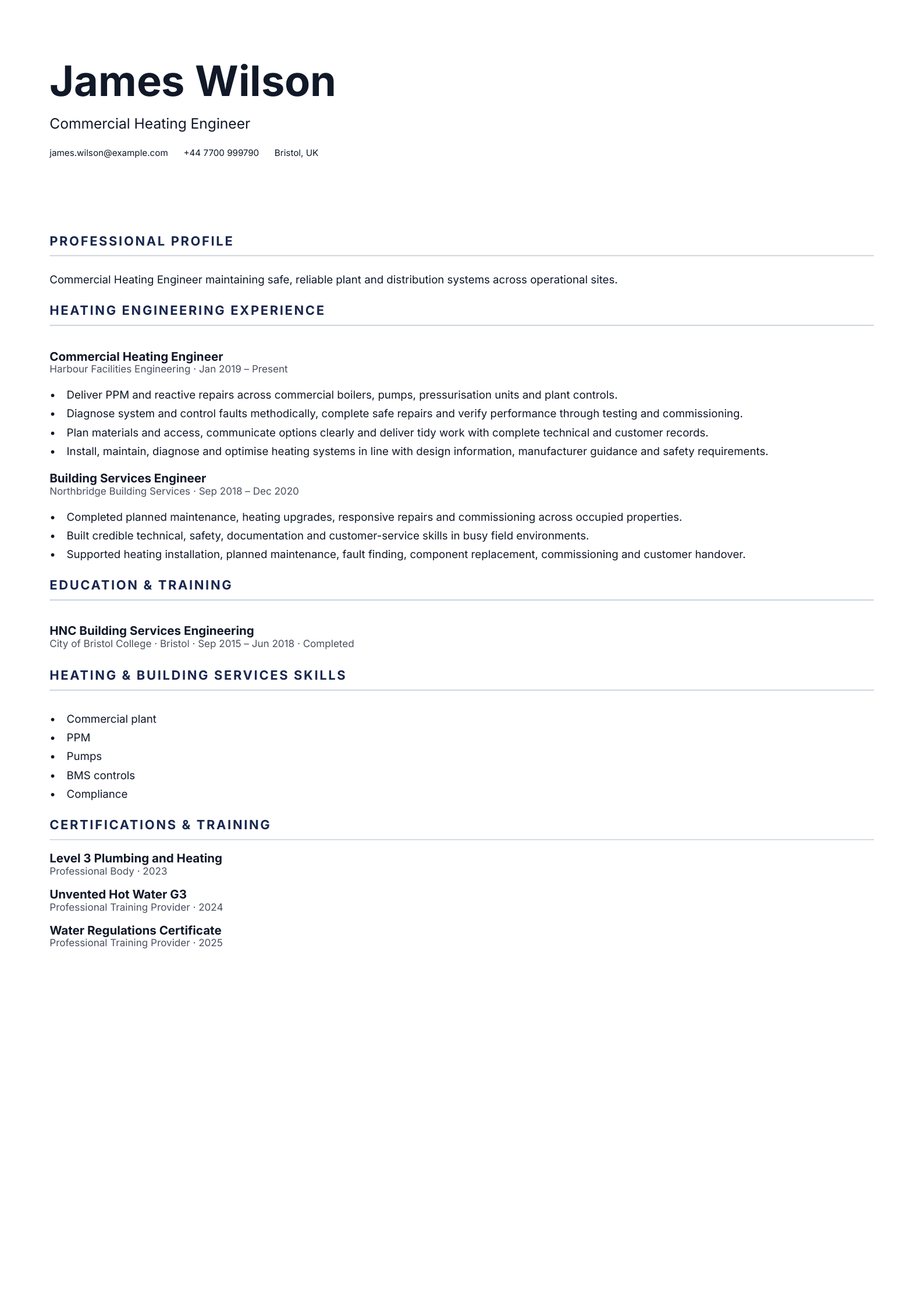 Commercial Heating Engineer CV template