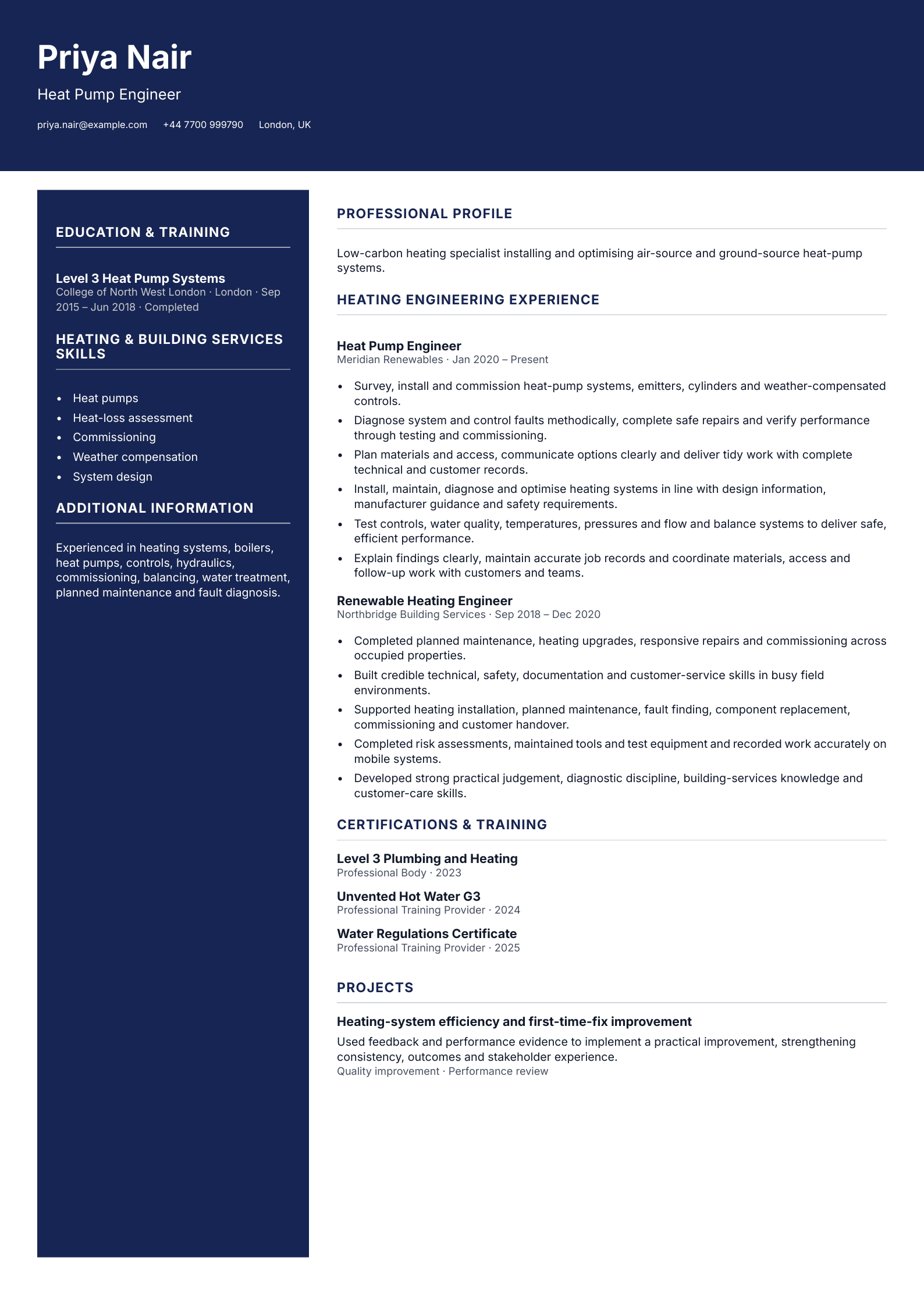 Heat Pump Engineer CV template