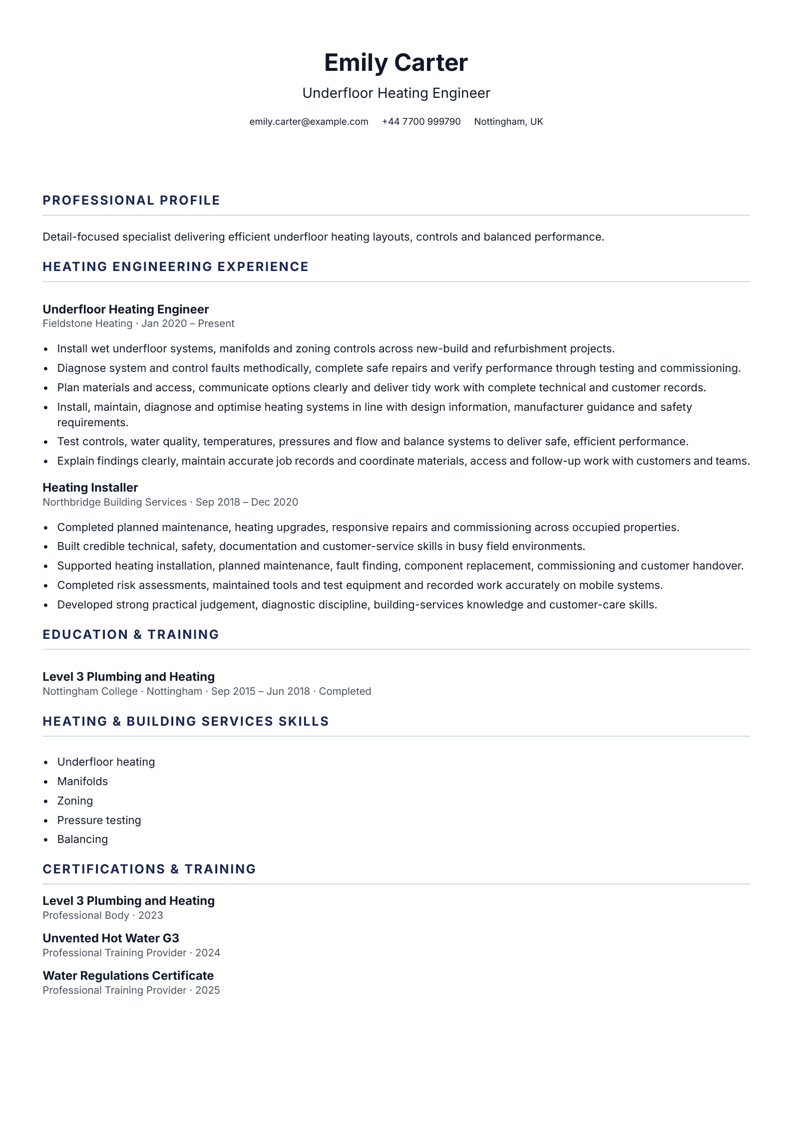 Underfloor Heating Engineer CV template