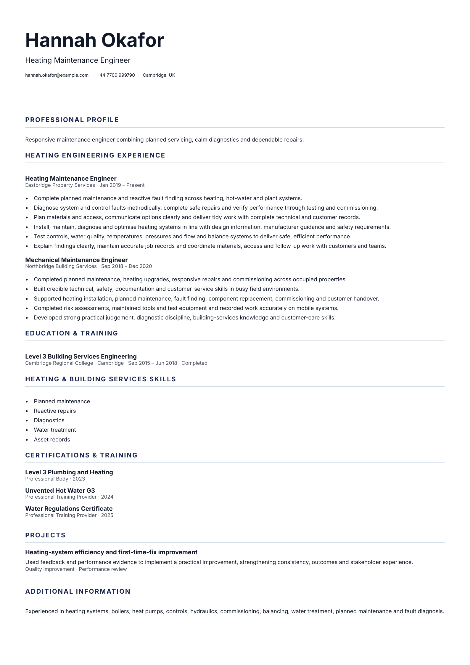 Heating Maintenance Engineer CV template