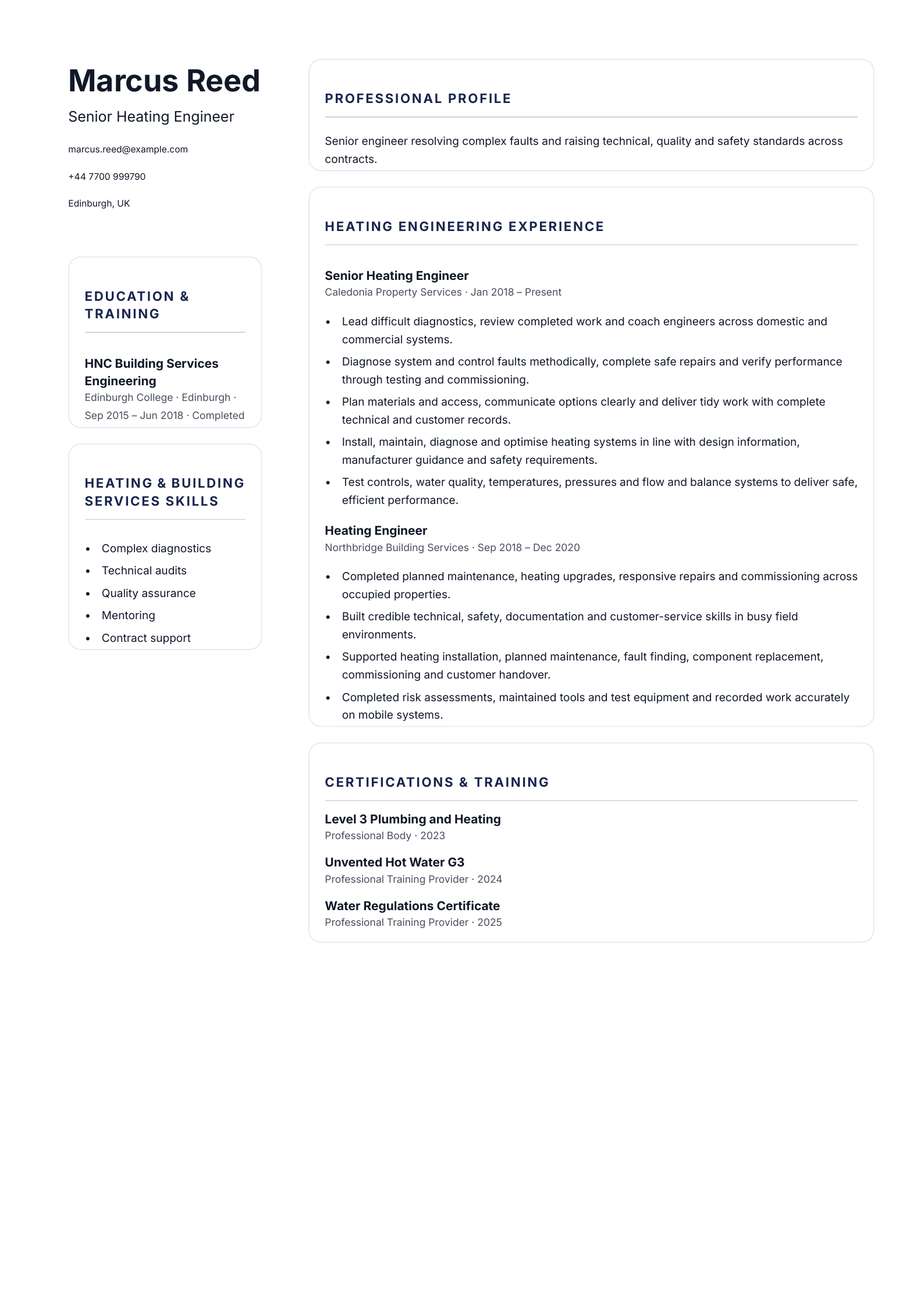 Senior Heating Engineer CV template