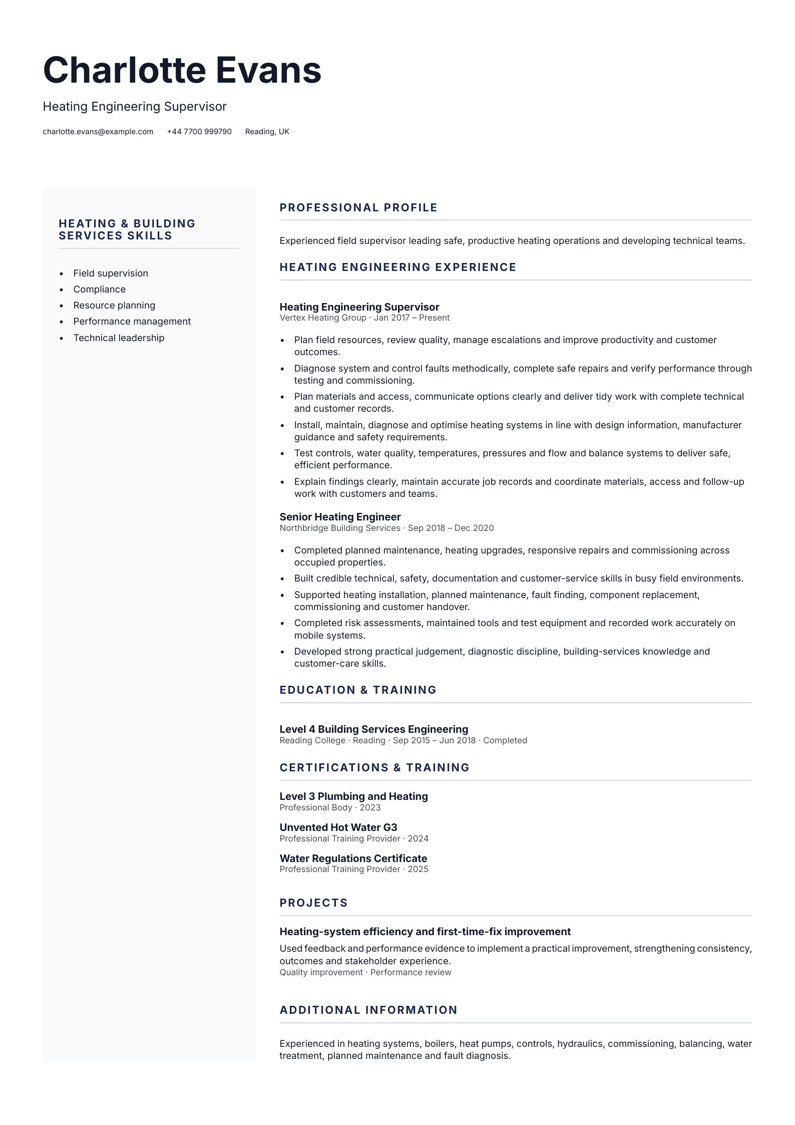 Heating Engineering Supervisor CV template