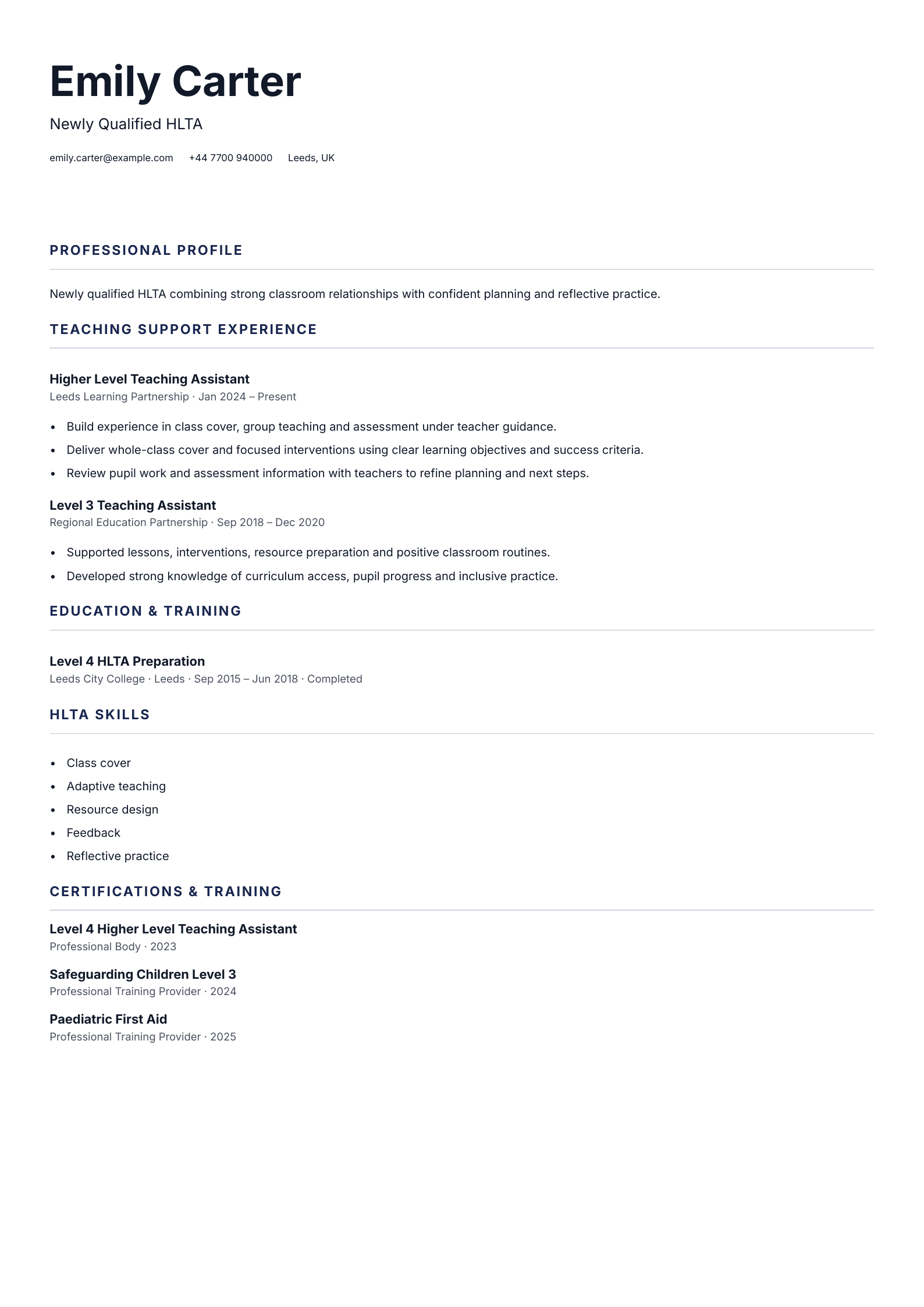 Newly Qualified HLTA CV template