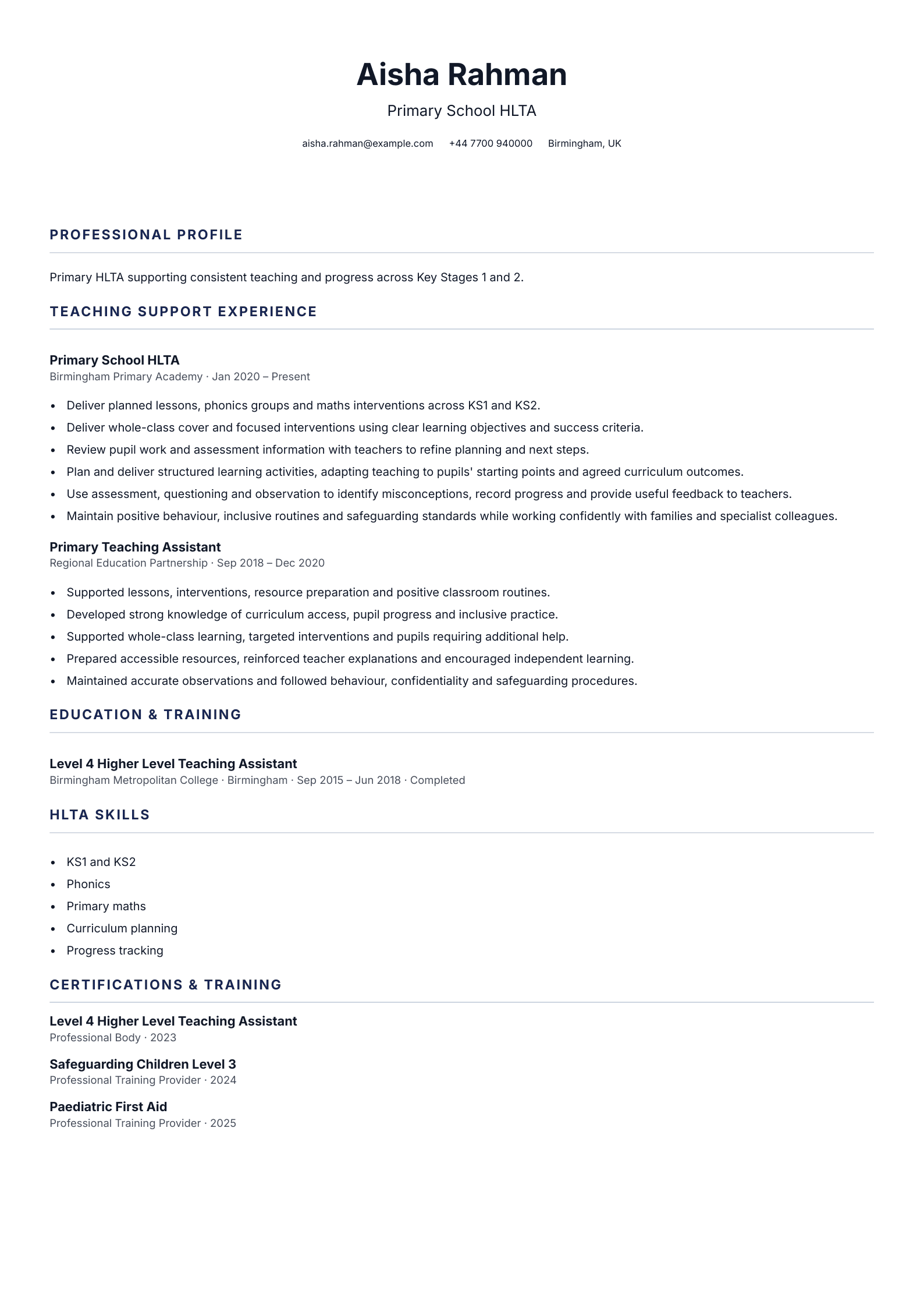 Primary School HLTA CV template